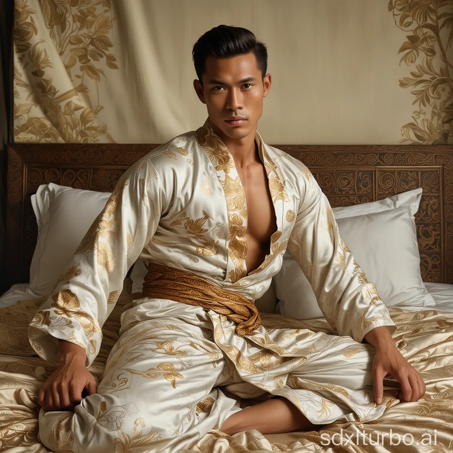 A portrait of a handsome Borneo-Philiphino muscular royalty, in an unbuttoned traditional Javanese robe, posing sensually on the bed in the style of a painting by Leyendecker.