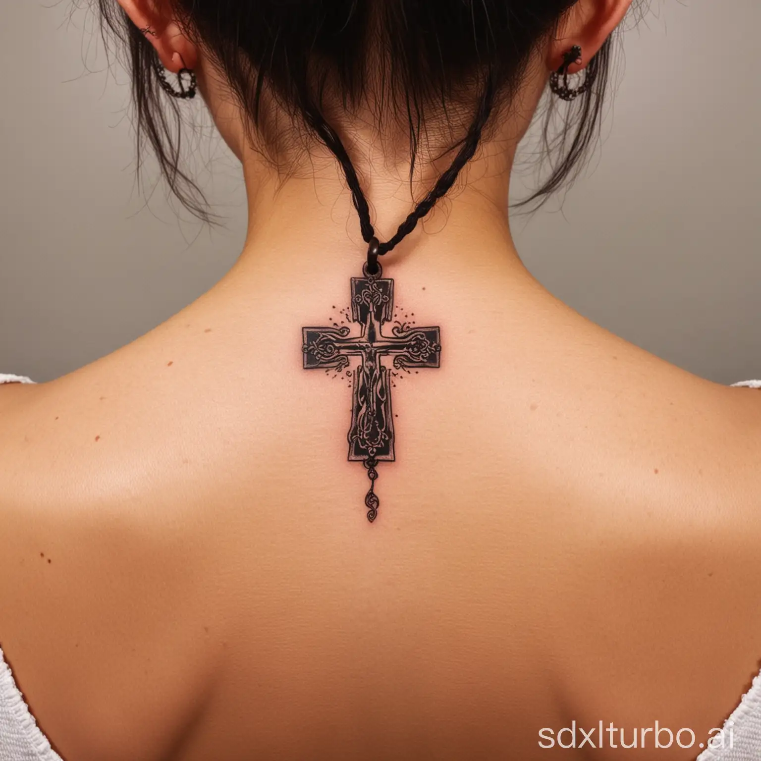 a beautiful small cross tattooed back of neck