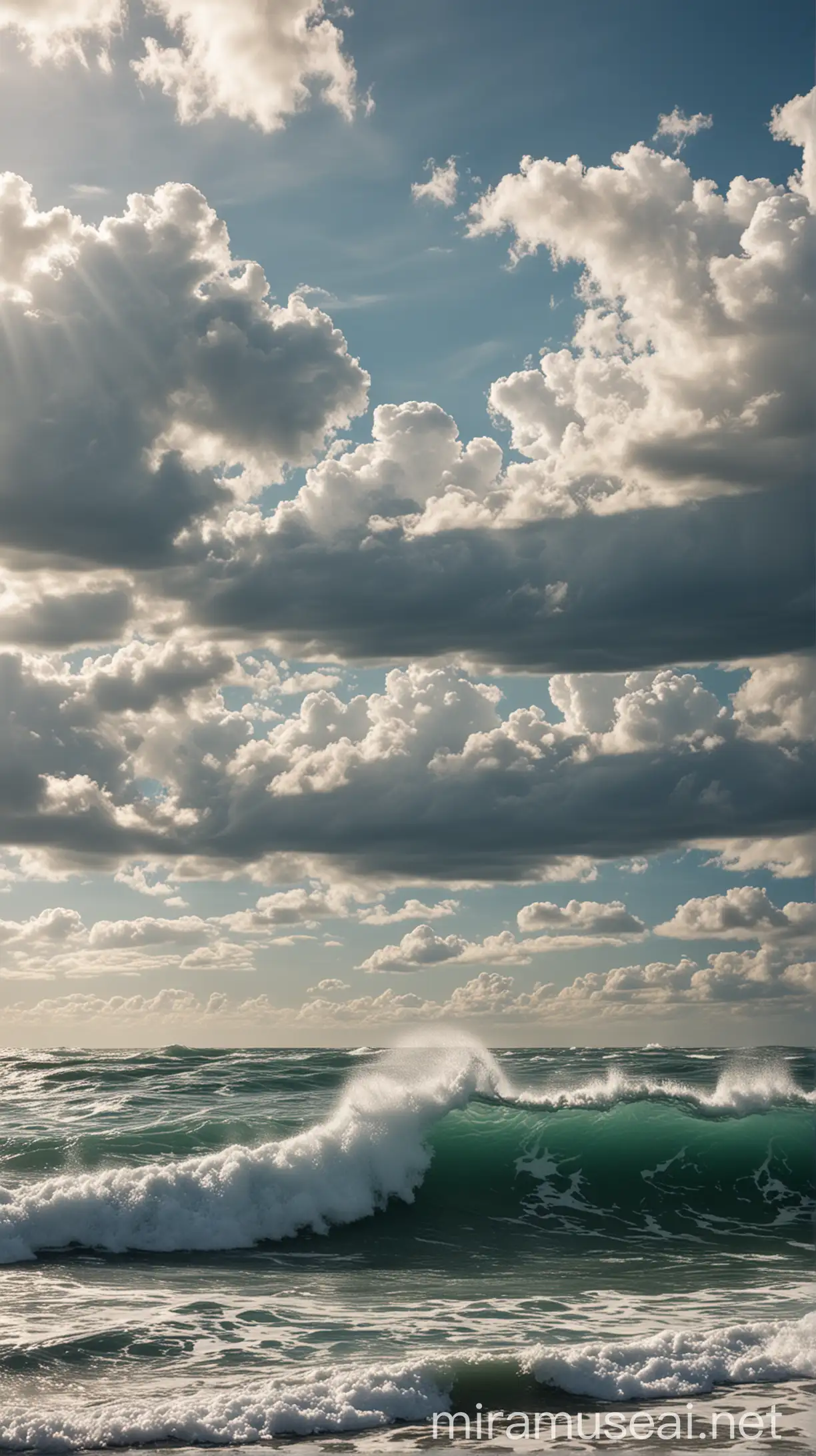 ocean waves with clouds above on a sunny day