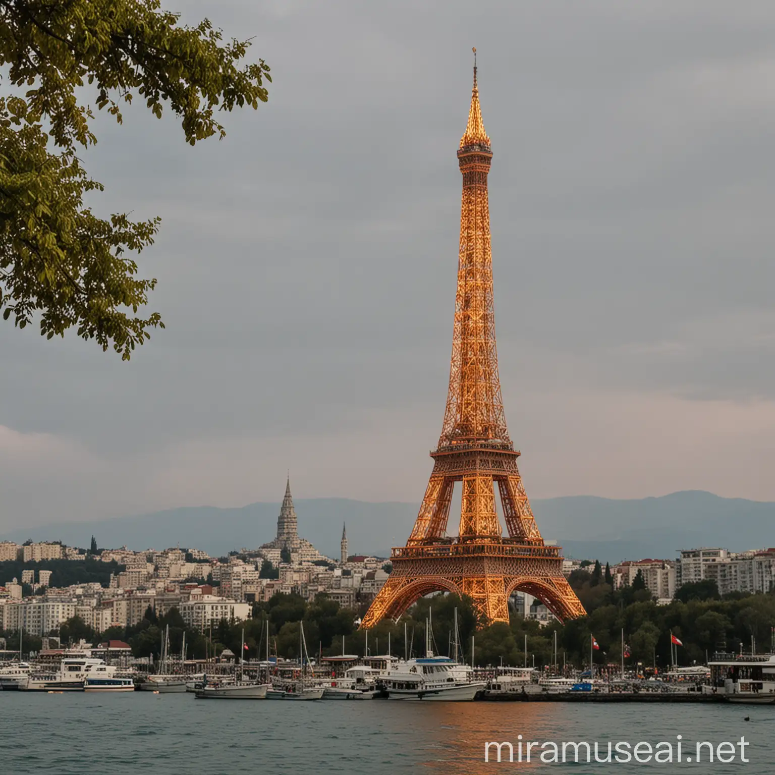 Eiffel Tower Silhouetted against Bosphorus Istanbul Iconic Landmarks Fusion