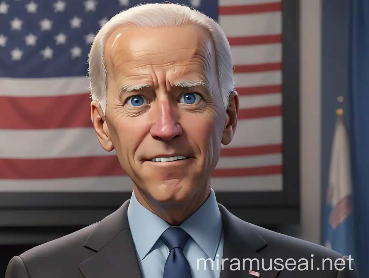 Joe Biden CGI Caricature Portrait in Black Suit with American Flag Background