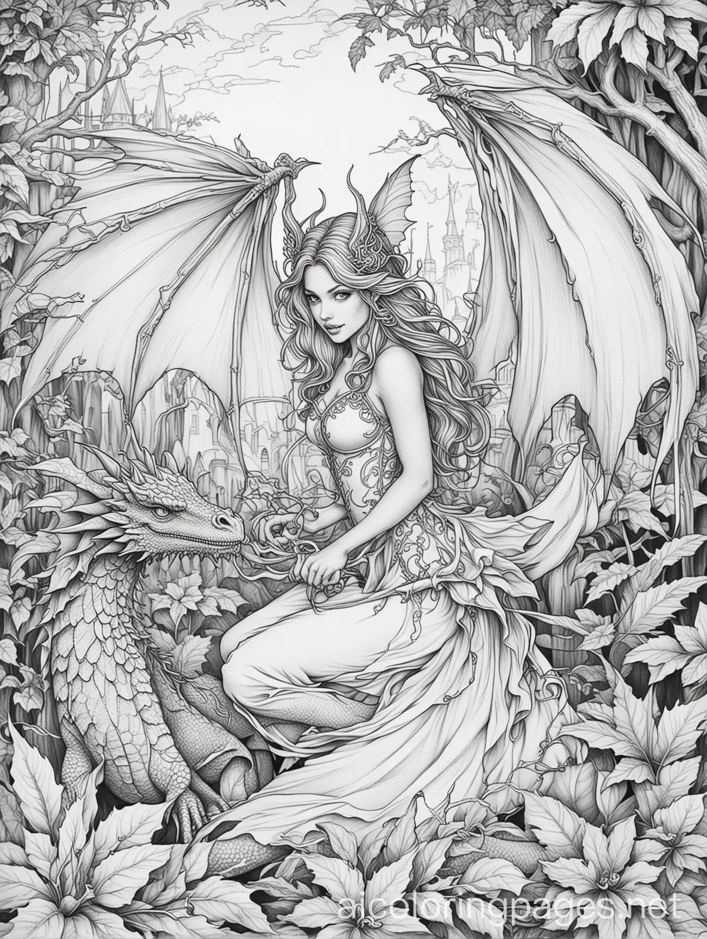 wicked fairy and dragon scene adult  coloring pages




, Coloring Page, black and white, line art, white background, Simplicity, Ample White Space. The background of the coloring page is plain white to make it easy for young children to color within the lines. The outlines of all the subjects are easy to distinguish, making it simple for kids to color without too much difficulty
