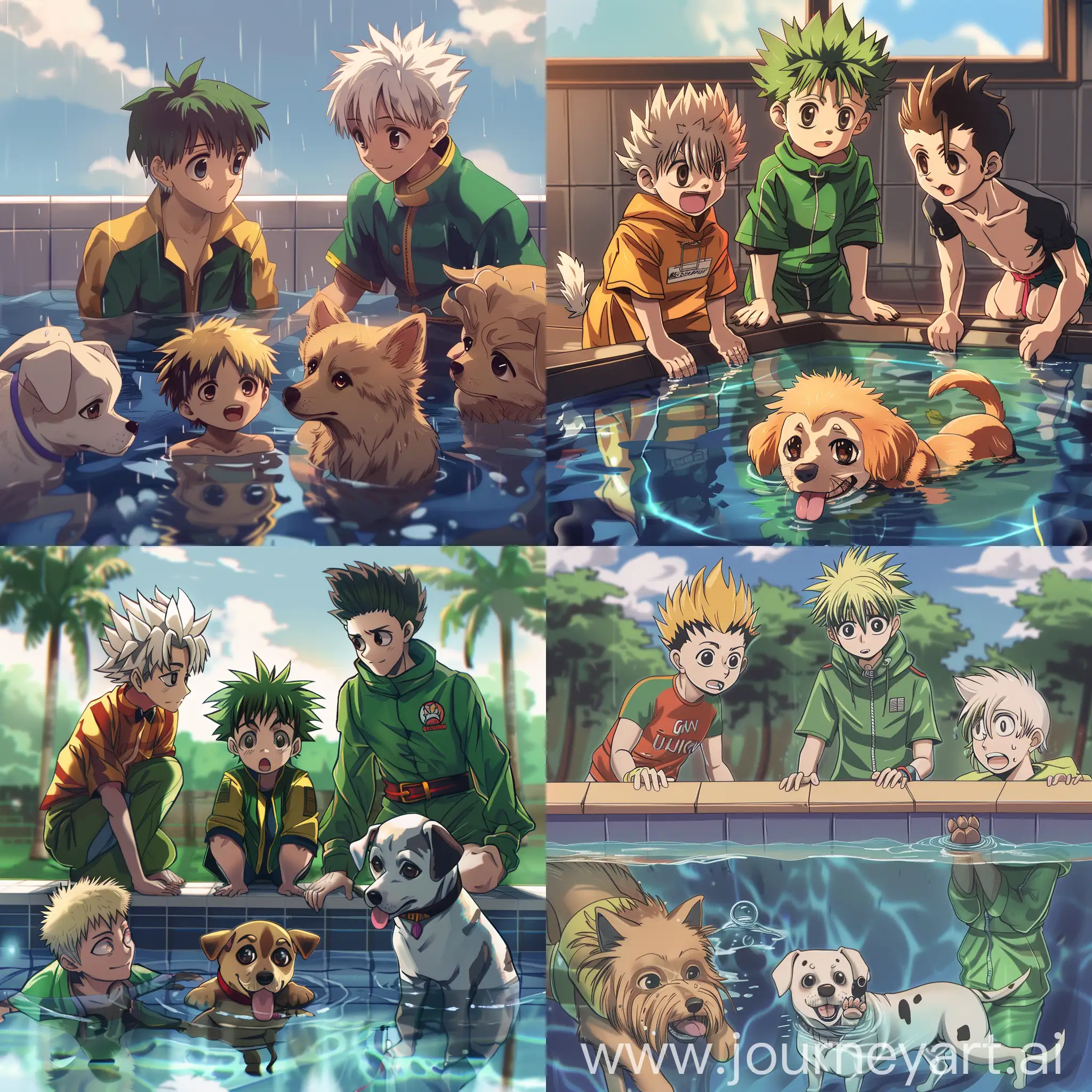 vẽ các nhân vật Gon, Killua, Kurapika, LeoRio và tác giả Togashi (hình chú chó) , dựa theo bức tranh meme "Mother Ignoring Kid Drowning In A Pool", phong cách manga Hunter x Hunter