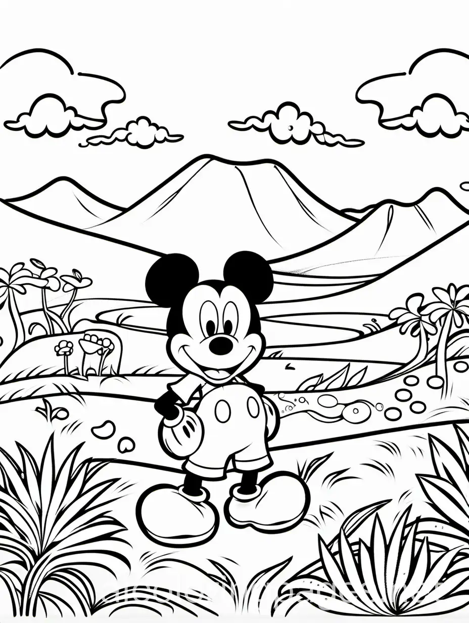 safari mickey, Coloring Page, black and white, line art, white background, Simplicity, Ample White Space. The background of the coloring page is plain white to make it easy for young children to color within the lines. The outlines of all the subjects are easy to distinguish, making it simple for kids to color without too much difficulty, Coloring Page, black and white, line art, white background, Simplicity, Ample White Space. The background of the coloring page is plain white to make it easy for young children to color within the lines. The outlines of all the subjects are easy to distinguish, making it simple for kids to color without too much difficulty