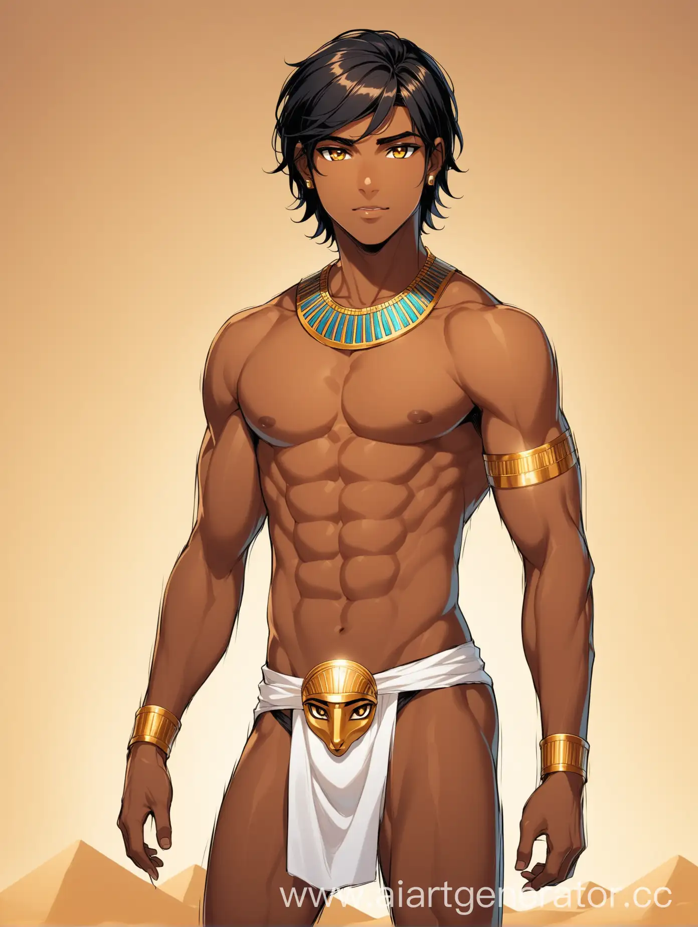A young man about twenty years old. Golden eyes, dark skin, medium-length black hair.  Egyptian appearance. Fit man. Hot male. Little clothing: wears only a loincloth.