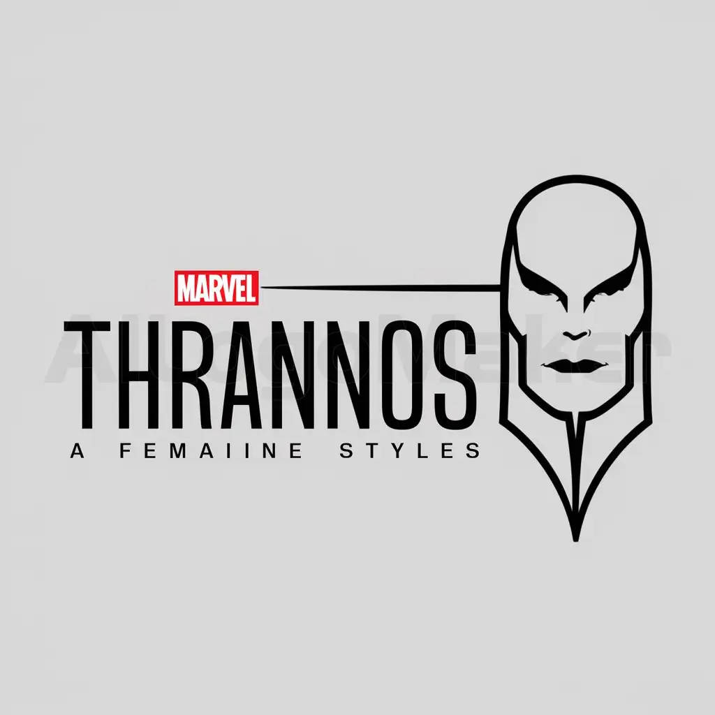 a logo design,with the text "THRANNOS", main symbol:Marvel Thanos in women look,Minimalistic,clear background