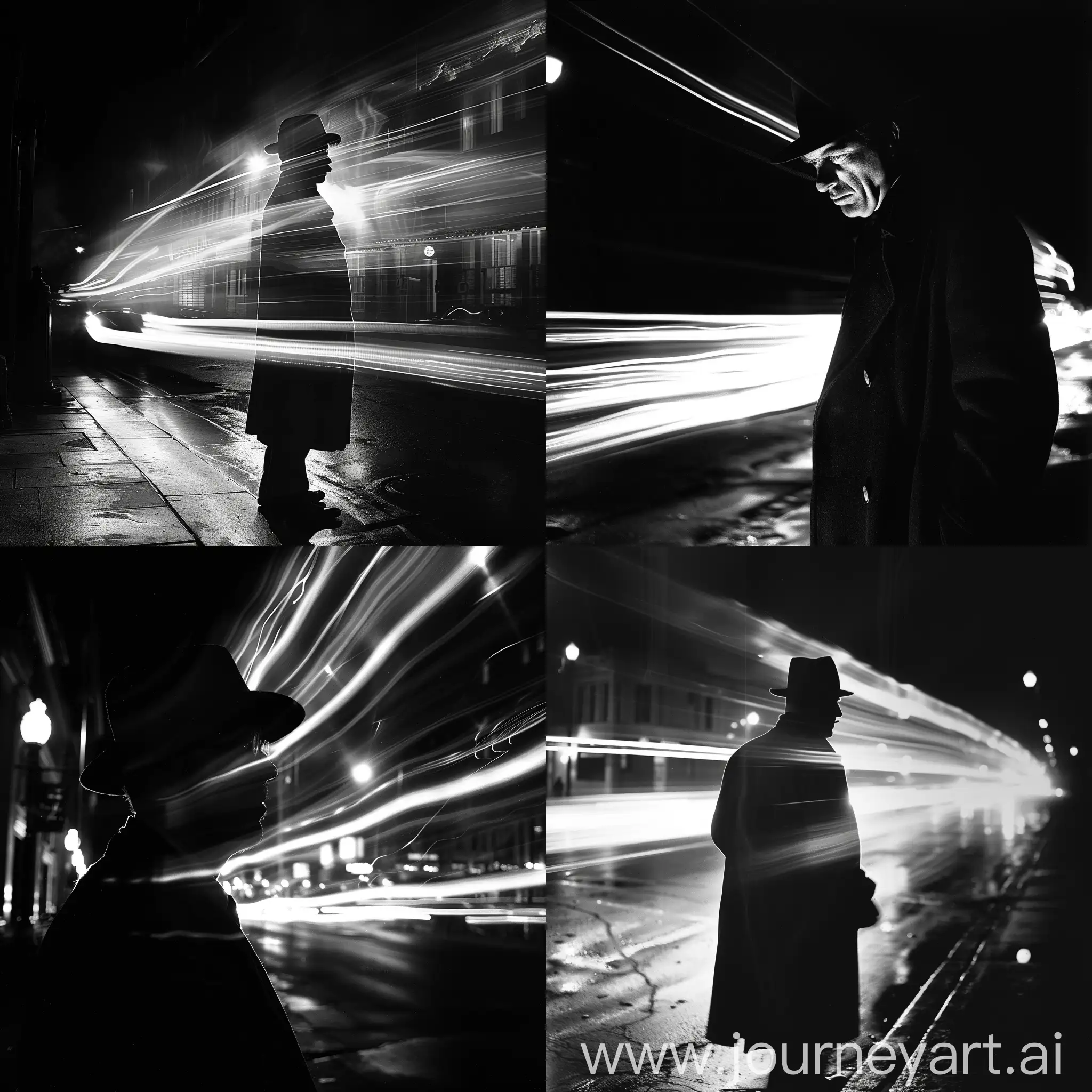 Черно белое фото гангстера с большой выдержкой ночью 
