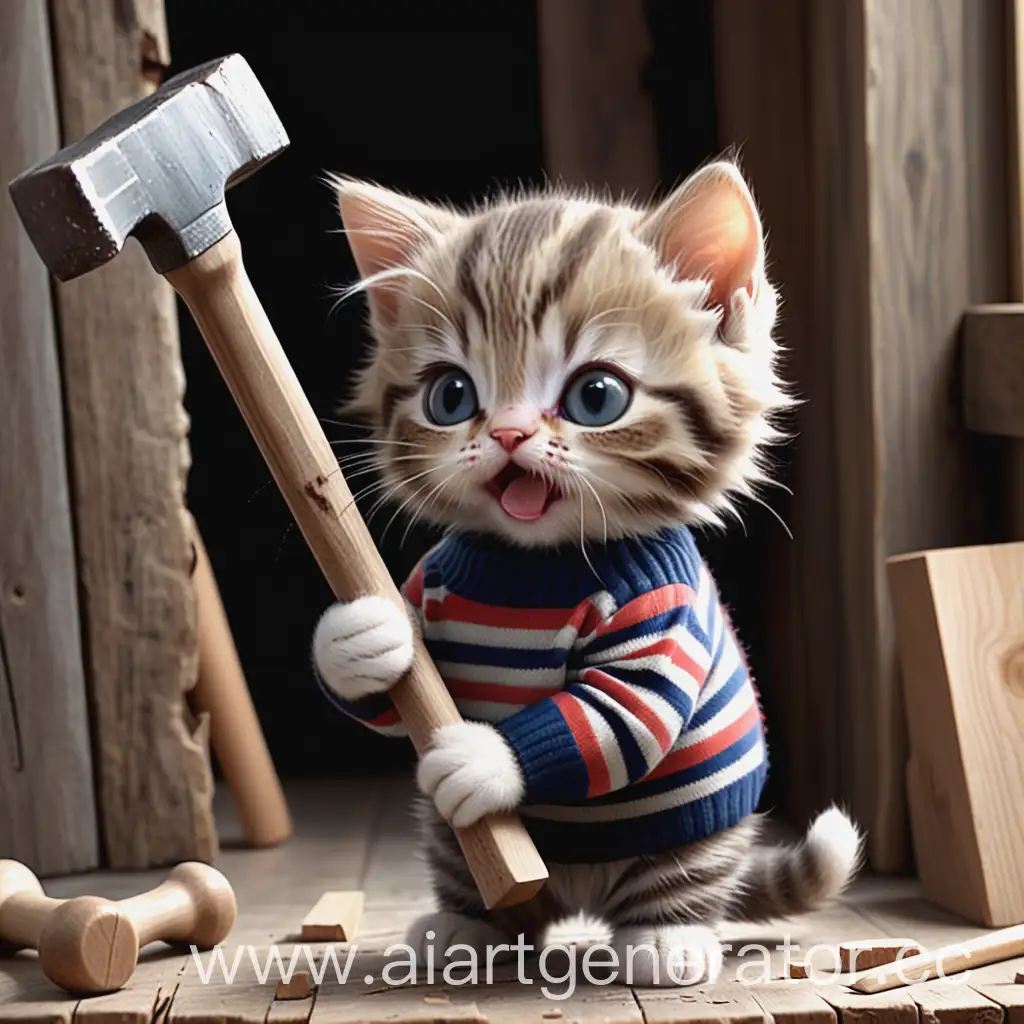 милый котик в полосатом свитере с молотком в руке, стучит по дереву
