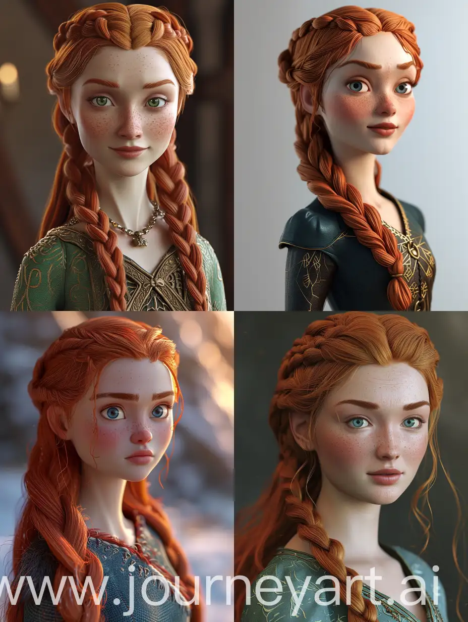 Sebuah potret gaya Pixar dari karakter [Sansa] dari seri Game of Thrones, dirender dalam 3D dengan gaya Pixar. 