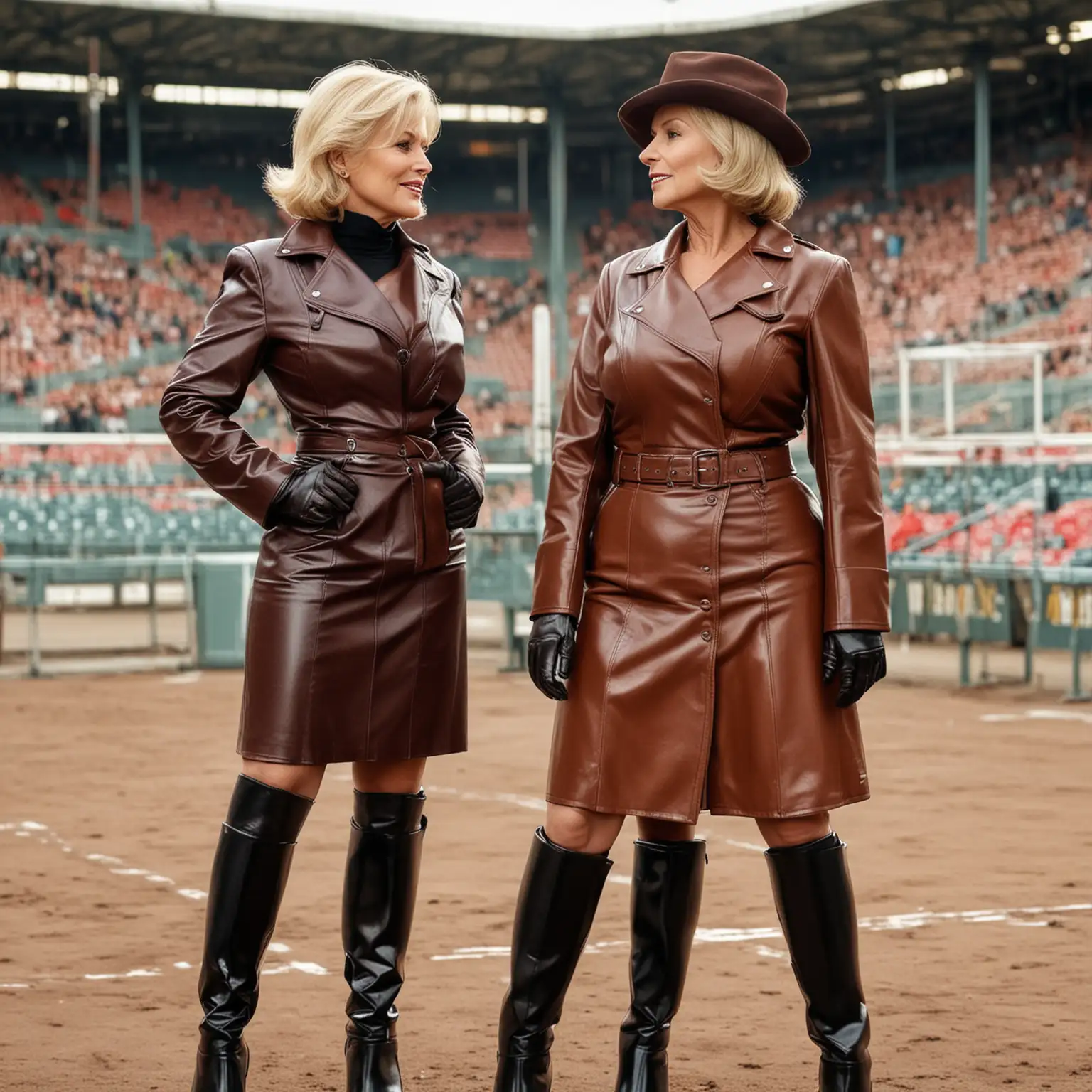 high quality photograph, two Curvy Mature Elegant Business Women, 70 years old, with big boobs, giant muscles and very tall, standing in sports stadium wearing long shiny leather overknee boots, pencil leather skirt and brown shiny leather coat, leather gloves, elegant leather hat, looking dominant, blonde bob hairstyle, talking to each other, picture showing all the details from head to toe,