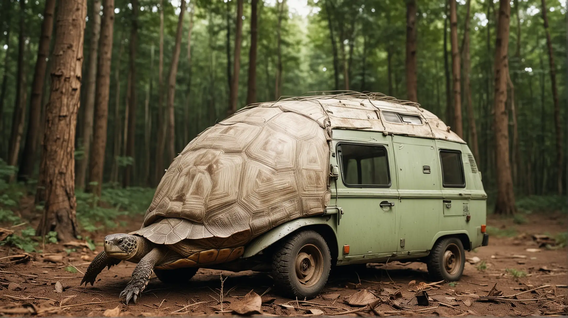 une tortue dont la carapace est aménagée comme un van de camping, photographie, réaliste