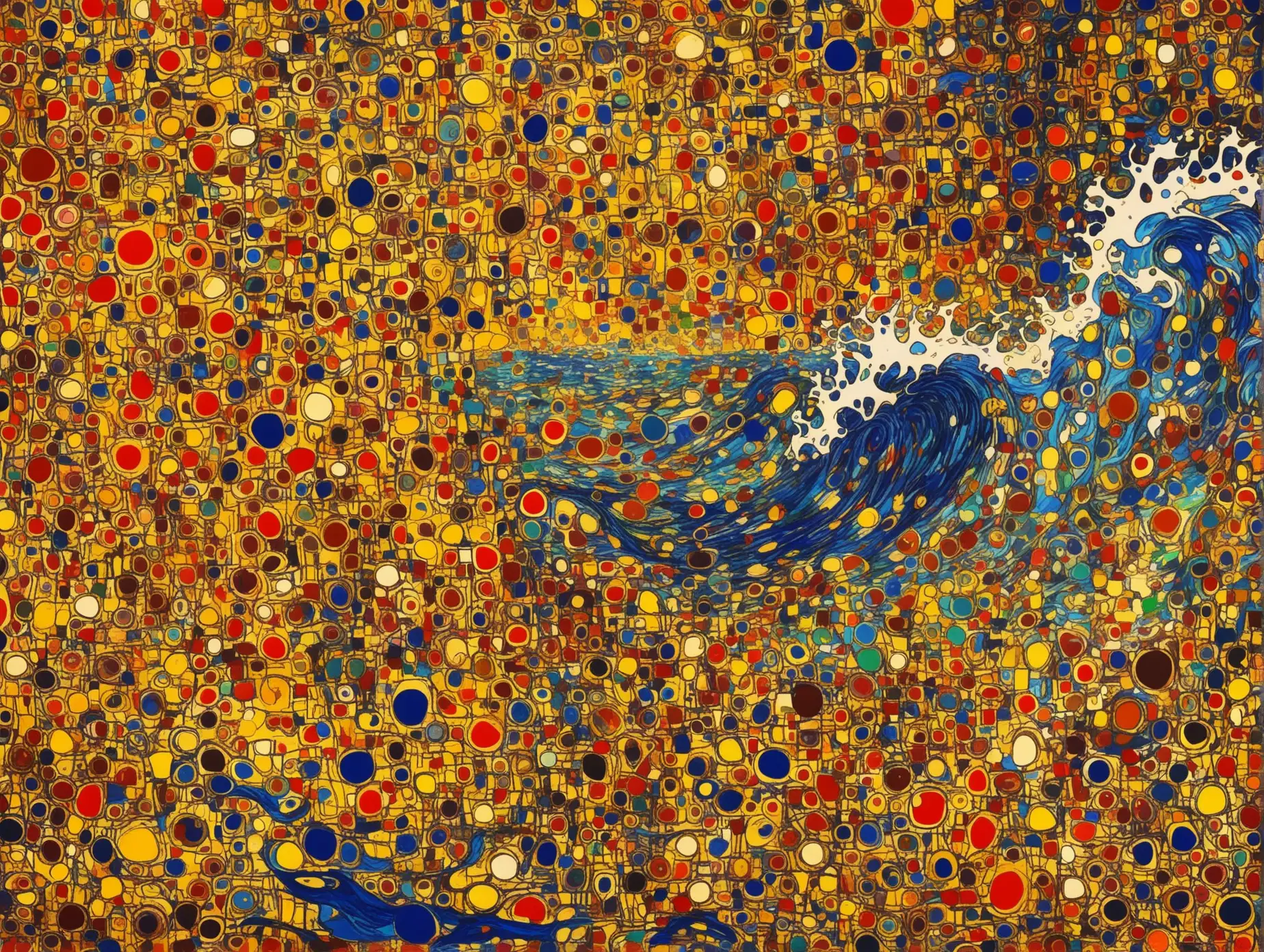  THe SEA IN STYLE OF KUSTAZ KLIMT AND JACKSON POLLOCK PSYCHEDELIC, CRAZY BACKGROUND GOLD MESSY,    
BLUE THE SEA THE SEA 
LESS BUSY MORE RED AND YELLOW

