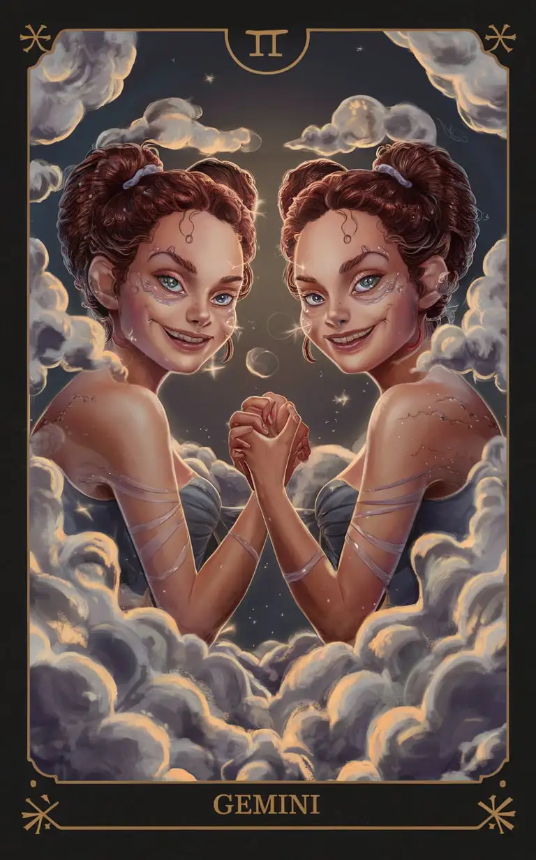  "Create a 8k HQ 'Title: Gemini' hand drawn tarot card featuring 'Subtitle: May 21 - June 20' premium 14PT black card stock authenticated stunning 8k 16k hand drawn visuals /"Two identical twins, often depicted holding hands or surrounded by swirling clouds, with mischievous grins and sparkling eyes."/, complex fandom artwork, Add\_Details\_XL-fp16 algorithm, 3D octane rendering style (3DMM\_V12) with the mdjrny-v4 style, infused with global illumination --q 200 --s 275 --ar 3:4 --c 500 --w 500"

(Note: The input does not contain any non-English words or phrases.)