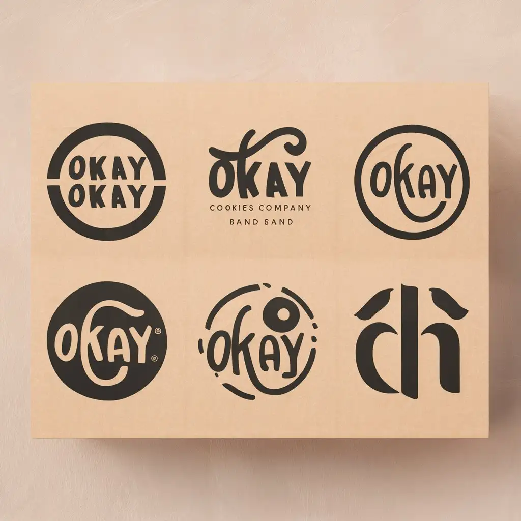 Создай логотип “OKAY” 
Это бенд компании по производству сухариков
Используй черный и белый цвет
Размести 6 разных образцов на одной картинке