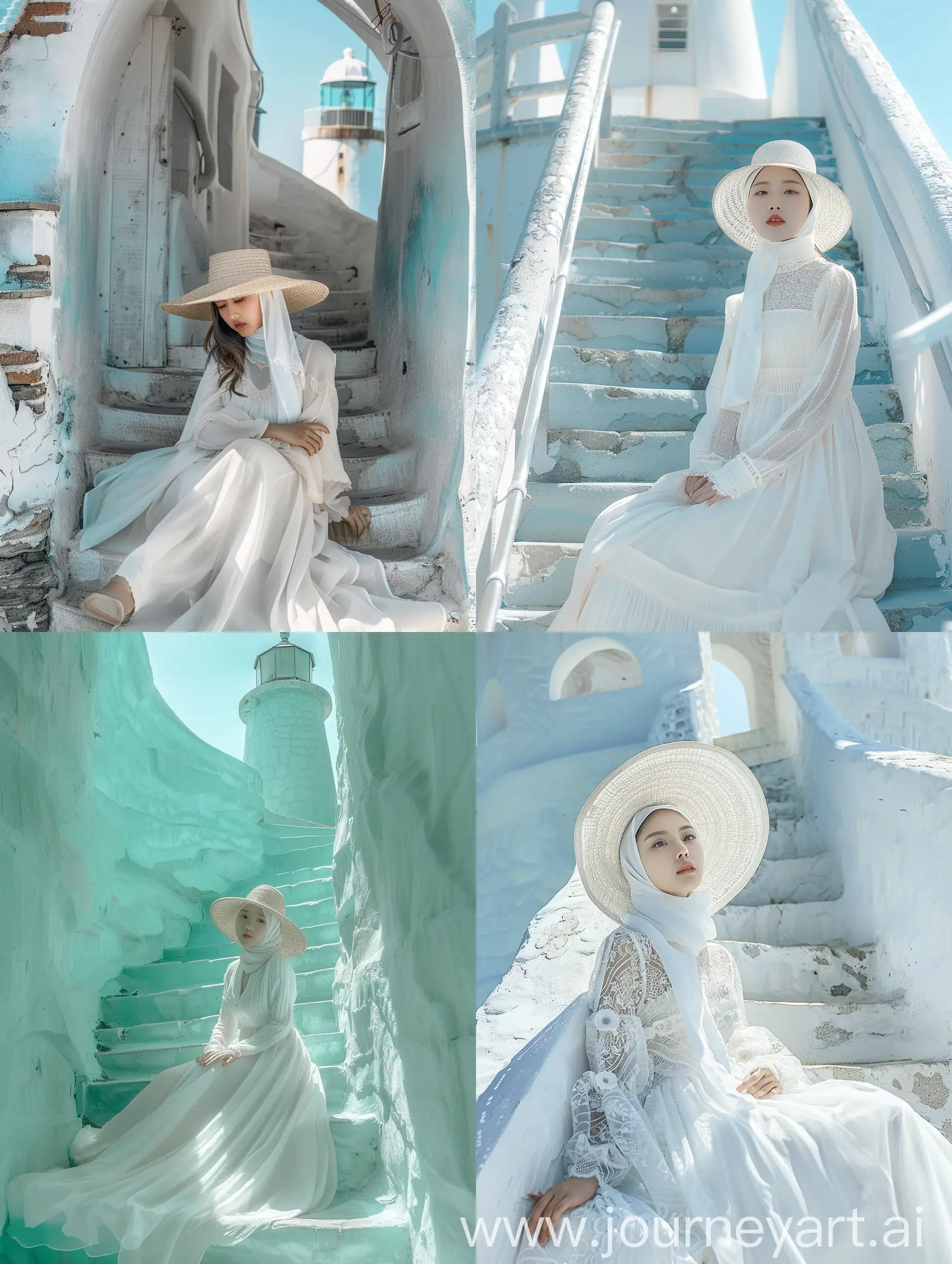 Korean-Woman-in-Hijab-Sitting-Under-Lighthouse-Staircase
