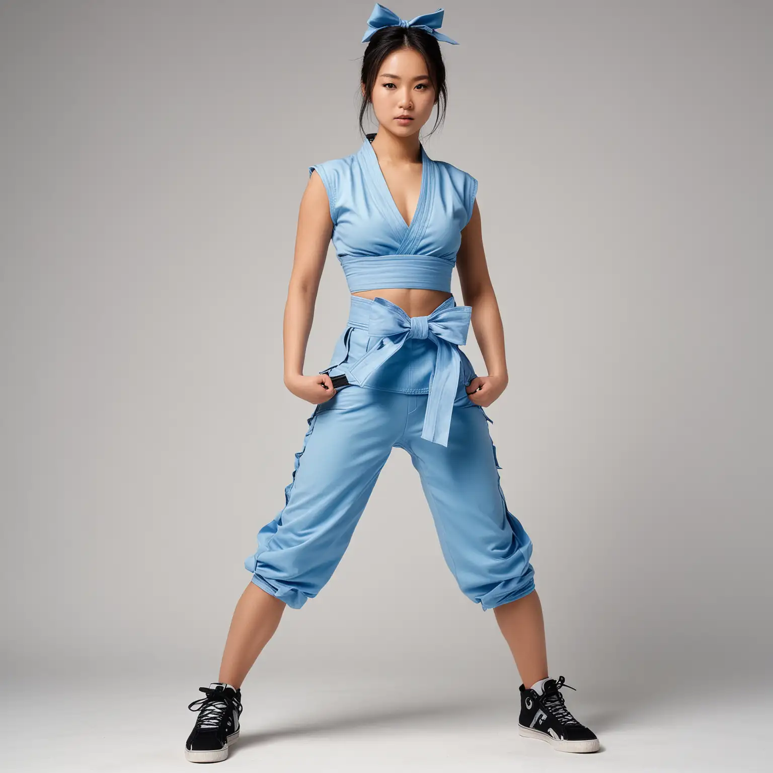 Standing full body view, strong toned beautiful Japanese supermodel in sleeveless, light-blue low-cut croptop karate gi exposing cleavage, black belt with giant bow, high-waisted tight black tights, black sneakers, sneakers, white background