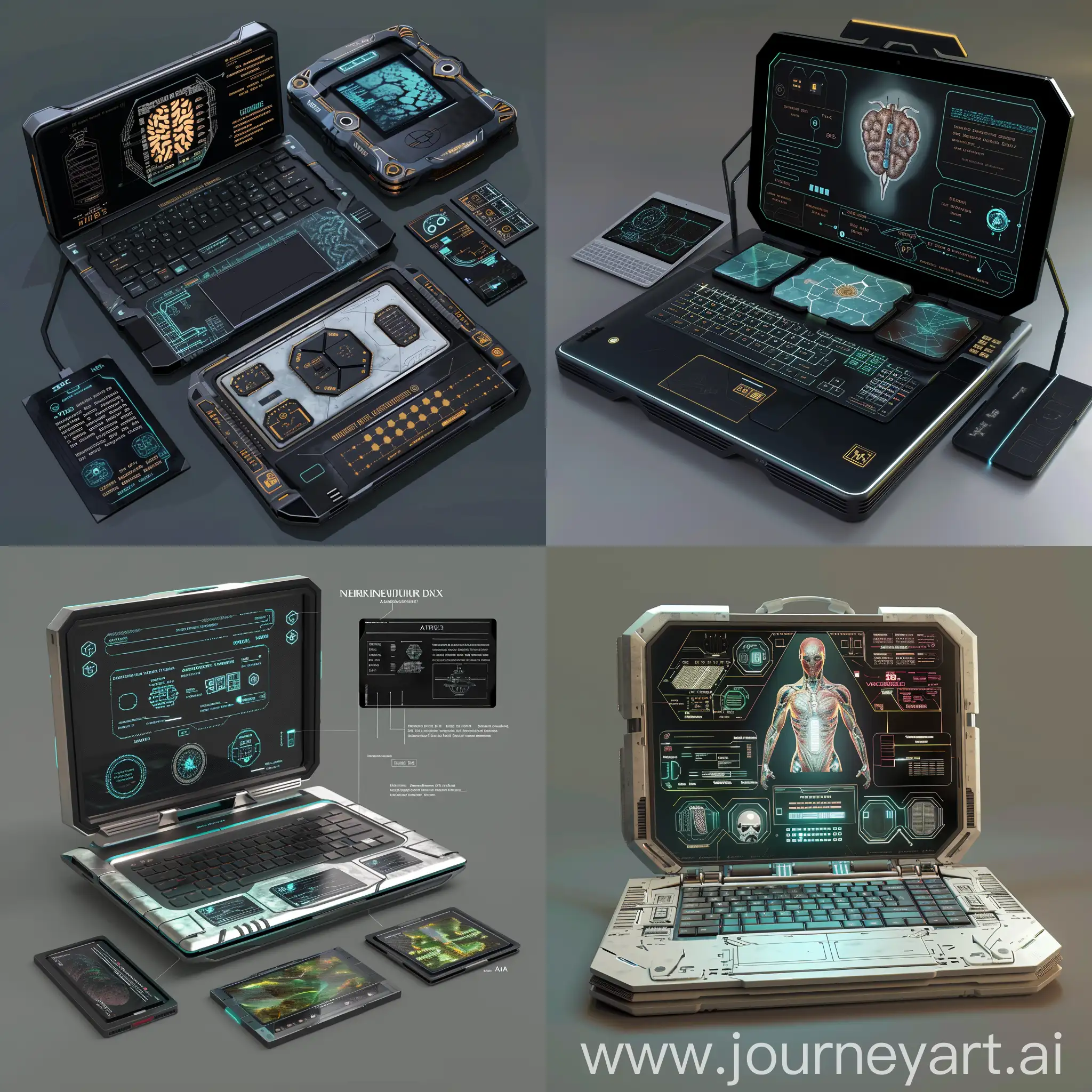 Futuristic laptop, Neural Processing Unit (NPU) inspired by "Strange Days" (1995), Bio-Organic Battery (BOB) inspired by "Avatar" (2009), Morphing Display (MD) inspired by "Terminator 2: Judgment Day" (1991), Self-Repairing Chassis (SRC) inspired by "The T-X" from "Terminator 3: Rise of the Machines" (2003), Universal Translator (UT) inspired by "Arrival" (2016), Emotion Sensor (ES) inspired by "Minority Report" (2002), Emotion Sensor (ES) inspired by "Minority Report" (2002), Quantum Encryption Engine (QEE) inspired by "Inception" (2010), Weather-Adaptive Cooling System (WACS) inspired by "Waterworld" (1995), Holographic Keyboard (HK) inspired by "Star Wars" franchise, Morphing Skin (MS) inspired by "Annihilation" (2018), E Ink Display Lid (EIDL) inspired by "Minority Report" (2002), Solar Charging Back (SCB) inspired by "Sunshine" (2007), Biometric Fingerprint Lock (BFL) inspired by "Blade Runner" (1982), Augmented Reality Bezel (ARB) inspired by " Paprika" (2006), Kinetic Hinge (KH) inspired by "The Cell" (2004), Modular Expansion Ports (MEP) inspired by "Cloud Atlas" (2012), Mood Lighting (ML) inspired by "Her" (2013), Wireless Charging Mat (WCM) inspired by "Inception" (2010), AI-Powered Assistant Projector (AIPA) inspired by "Her" (2013), unreal engine 5 --stylize 1000