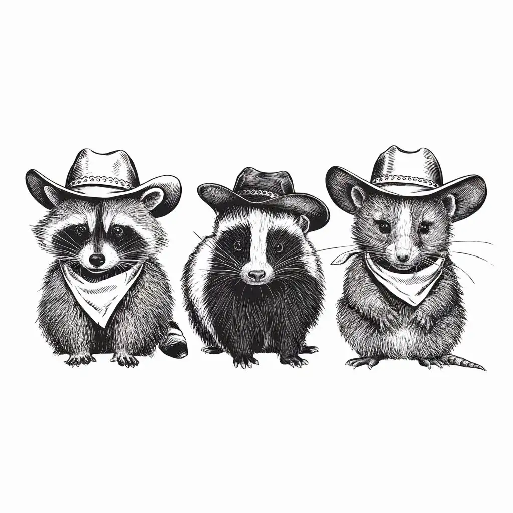 raccoon, skunk, possum heads with cowboy hats and bandanas vintage fine line art sideview on white background
