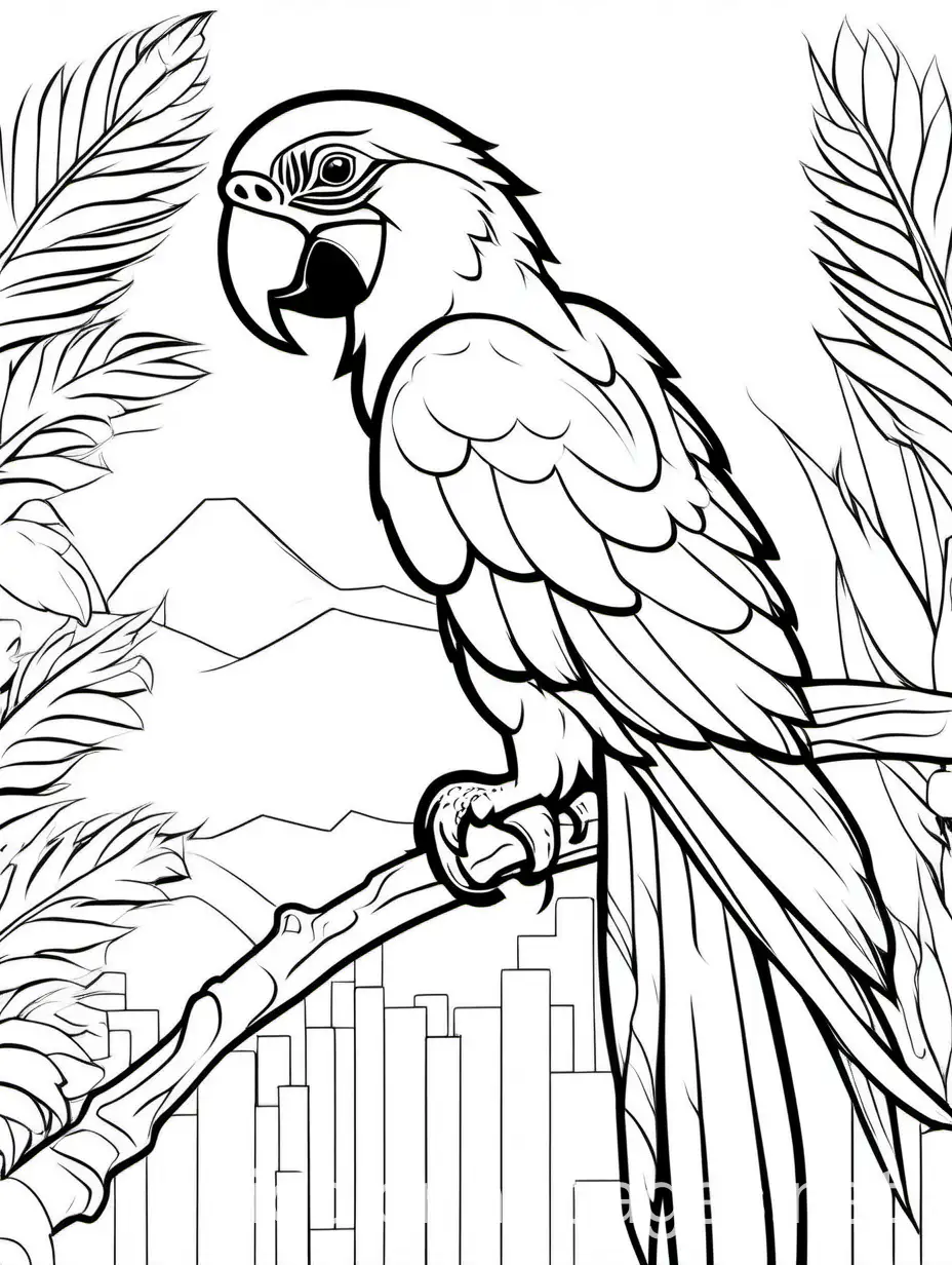 A Macaw, isolated, simple, kids Coloring Page, black and white, line art, white background, Ample White Space, thick outlines, the outlines of all the subjects are easy to distinguish, making it simple for children to color without too much difficulty., Coloring Page, black and white, line art, white background, Simplicity, Ample White Space. The background of the coloring page is plain white to make it easy for young children to color within the lines. The outlines of all the subjects are easy to distinguish, making it simple for kids to color without too much difficulty