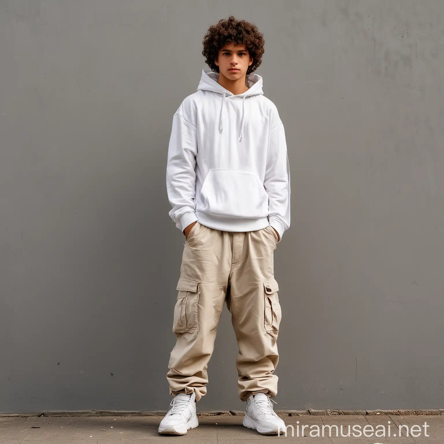 Teenager in Wide Cargo Pants Carrying White Hoodie