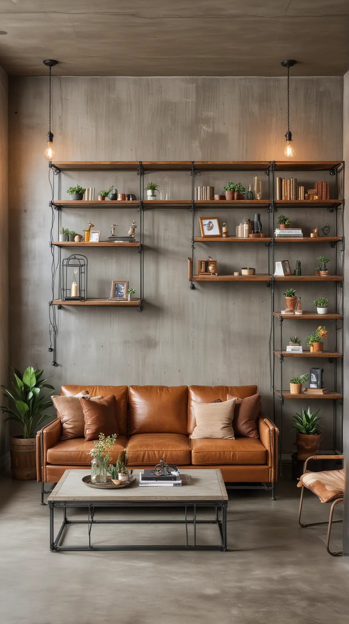 An industrial-style living room with a tan leather couch, metal shelving units, exposed piping, concrete flooring, and Edison bulb lighting.