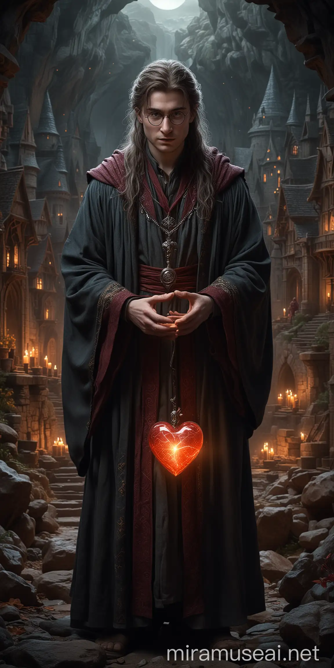 The main character of the image is the wizard Harry Potter, holding a human heart in his hands. This wizard is depicted with distinct facial features and a sense of fantasy and magic.
The background of the image is the mythical kingdom from Game of Thrones with elements of the House of the Dragon. This setting enhances the mystical atmosphere, combining ancient architecture and dramatic landscapes.
The background is rich in detail: rugged mountains, cascading dragonfalls and ancient ruins are shrouded in a magical twilight glow. These elements create a charming and mysterious atmosphere for the scene. The style is visual and fantastical, with bright colors highlighting the wizard's robe and the heart he holds, contrasting with the darker and muted tones of the background. This color scheme highlights the central figure and creates visual interest. The wizard is in a contemplative pose, tenderly clutching a glowing human heart that emits a soft, ethereal red light, adding depth to the image's narrative. The wizard's costume features an intricate Game of Thrones robe adorned with mystical symbols and patterns that enhance his magical aura. His appearance is charismatic and mysterious, captivating viewers into a fantasy world.
In addition to a human heart, the wizard carries a wand with him, which further emphasizes his magical prowess and adds a touch of authenticity to his character.