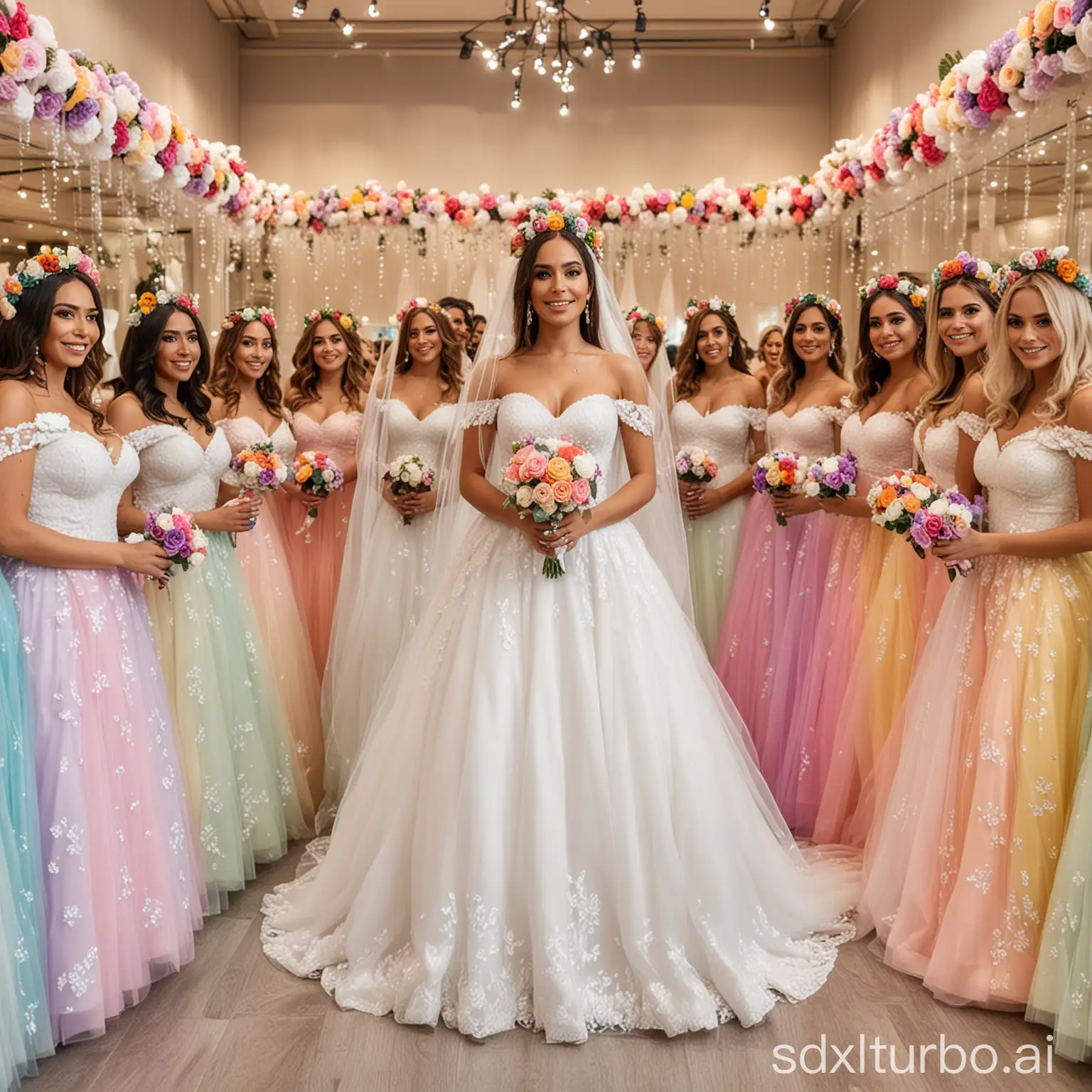 Crowd of Anitta and her clones dressed in colorful bride dresses with veil and wreath with colored gloves entering together in the wedding dress store marry me