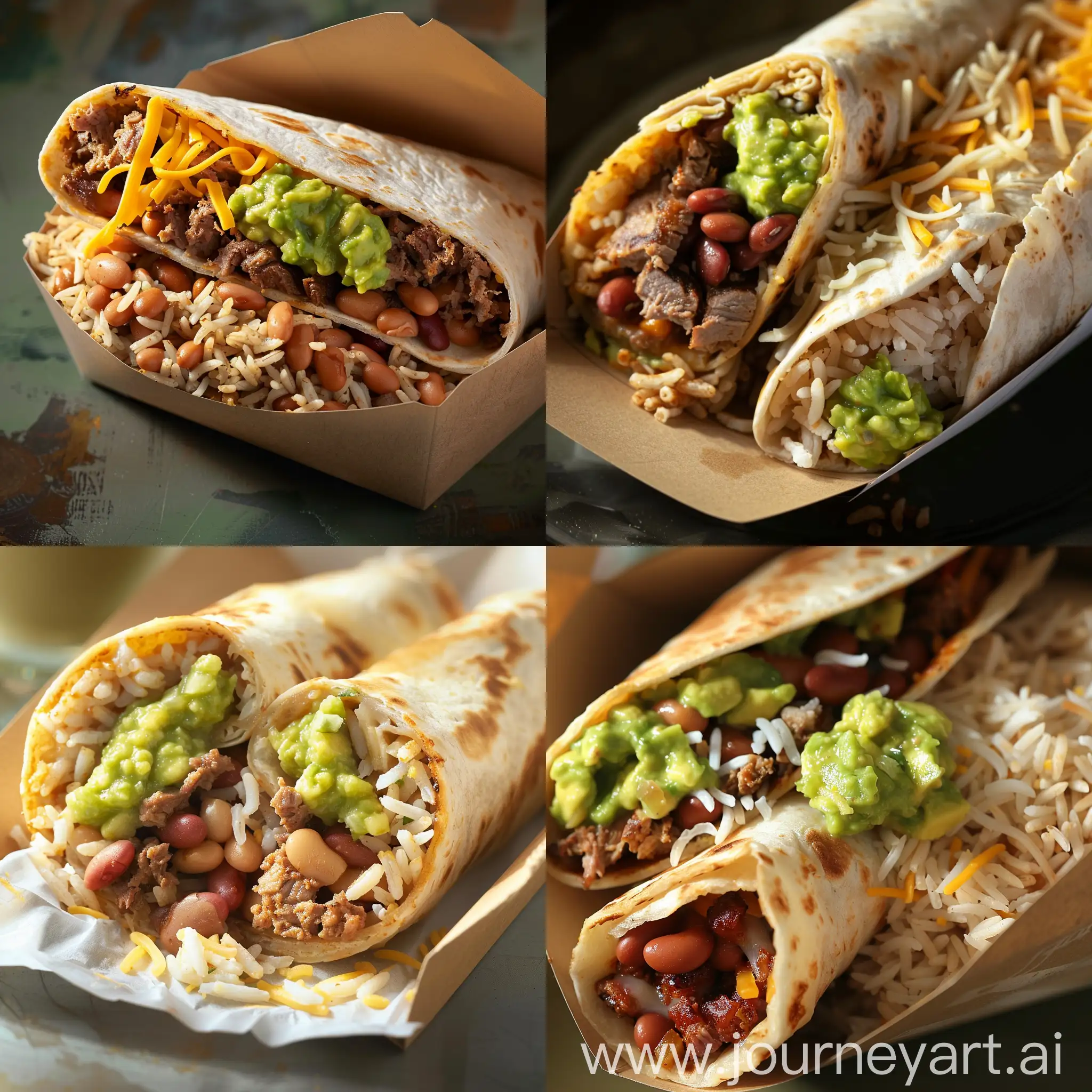 Crie uma imagem de um burrito, recheado de carne, feijão, arroz, queijo e guacamole. Ele esta em uma embalagem de papelão de delivery.