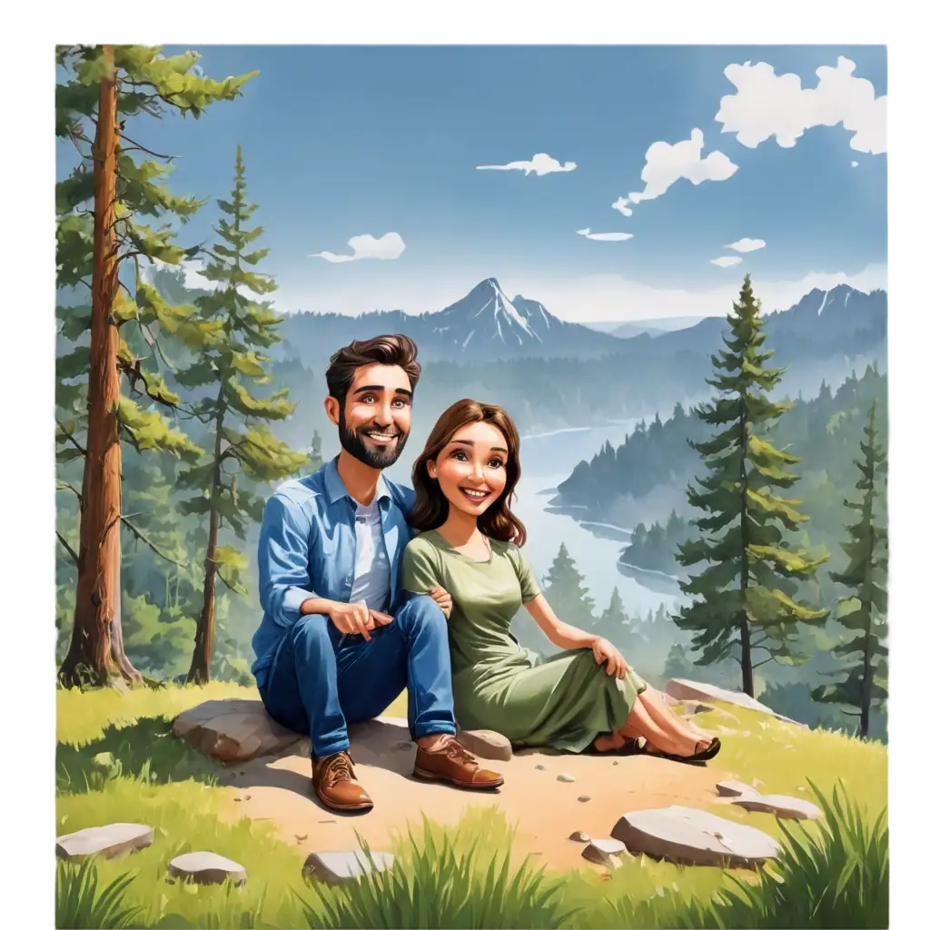 Stunning-PNG-Caricature-Husband-and-Wife-Enjoying-Serene-Forest-Scenery