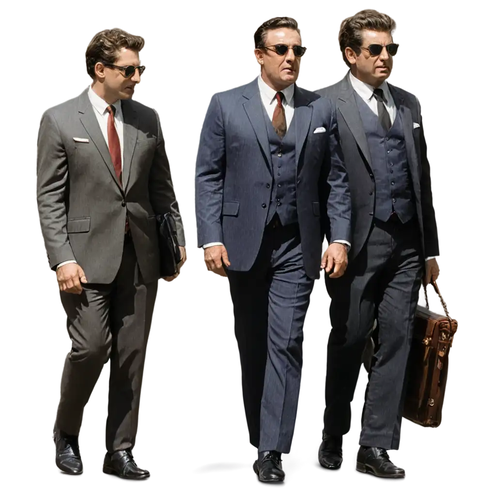 A calm and elegant mob boss escorted by his fearsome bodyguards walks through downtown New York in 1967
