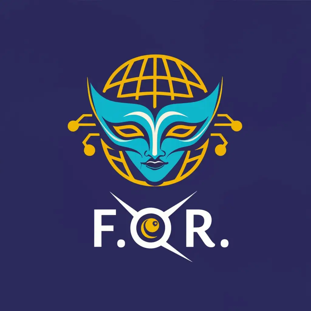 a logo design,with the text "F. O. R.", main symbol:A blue theatre mask with yellow eyes and a blue wireframe globe behind the mask,Moderate,be used in Internet industry,clear background