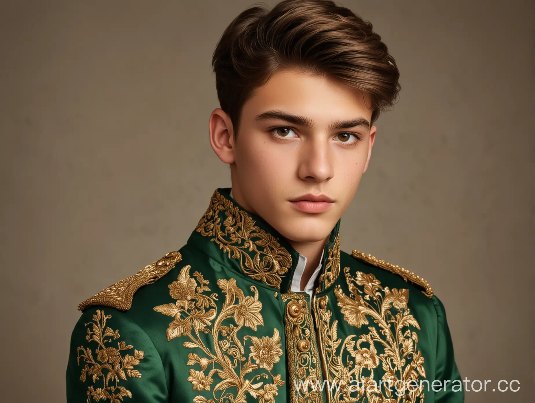 Парень 19 лет в зелёном пальто с золотой вышивкой. У парня коричневые волосы и светло коричневые глаза