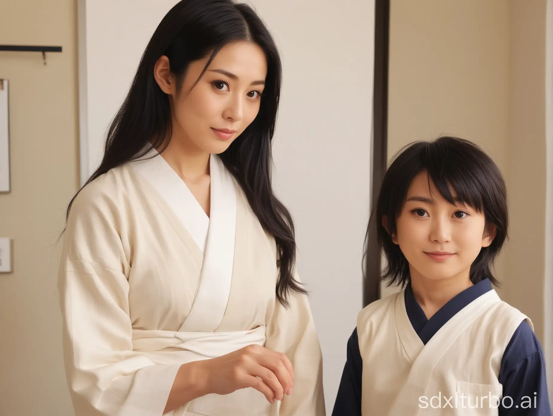 beautiful intelligent typical Japanese 33-year-old woman looks at her child (boy), they are ((standing)), Instagram model, long black hair, black eyes, height 6.5 feet, female, masterpiece, 4k, correct fingers or hands