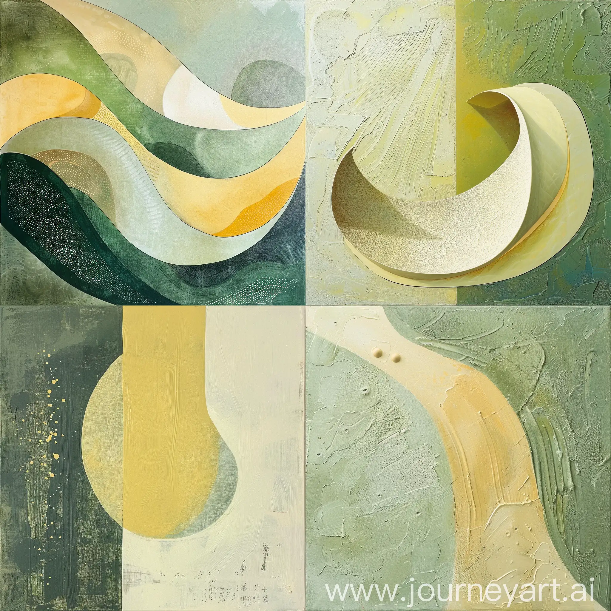 Begin by creating the shape of the image, which has a unique, organic curve, reminiscent of an abstract, fluid form. The boundaries of the form should be highlighted by a soft, white edge that gives a smooth yet defined separation from the background. The central part of the image should invoke the feeling of a textured paint palette, featuring stripes of muted green and yellow tones, providing a backdrop that resembles an artist’s wooden palette.

The texture within the image is crucial and should be emphasized effectively. The painting technique looks thick and layered, with visible brushstrokes that give a three-dimensional appearance. The yellow stripe across the centre should have a creamy, butter-like texture, swept across with a palette knife that leaves heavy, uneven marks. Adjacent to this, the green areas should be depicted with more uniform, lighter brushstrokes, adding contrast in both colour and texture.

Inclusion of small details will enrich the final output. Specifically, the circular, textured dots in pale yellow, lightly raised, add an interesting visual element that must be included. They appear to cast subtle shadows, suggesting that they are slightly elevated from the surface, enhancing the textured effect. To improve the viewing experience, playing with lighting could be considered, such as imagining a soft light source that enhances the shadows and highlights, increasing the depth and the lifelike quality of the image.