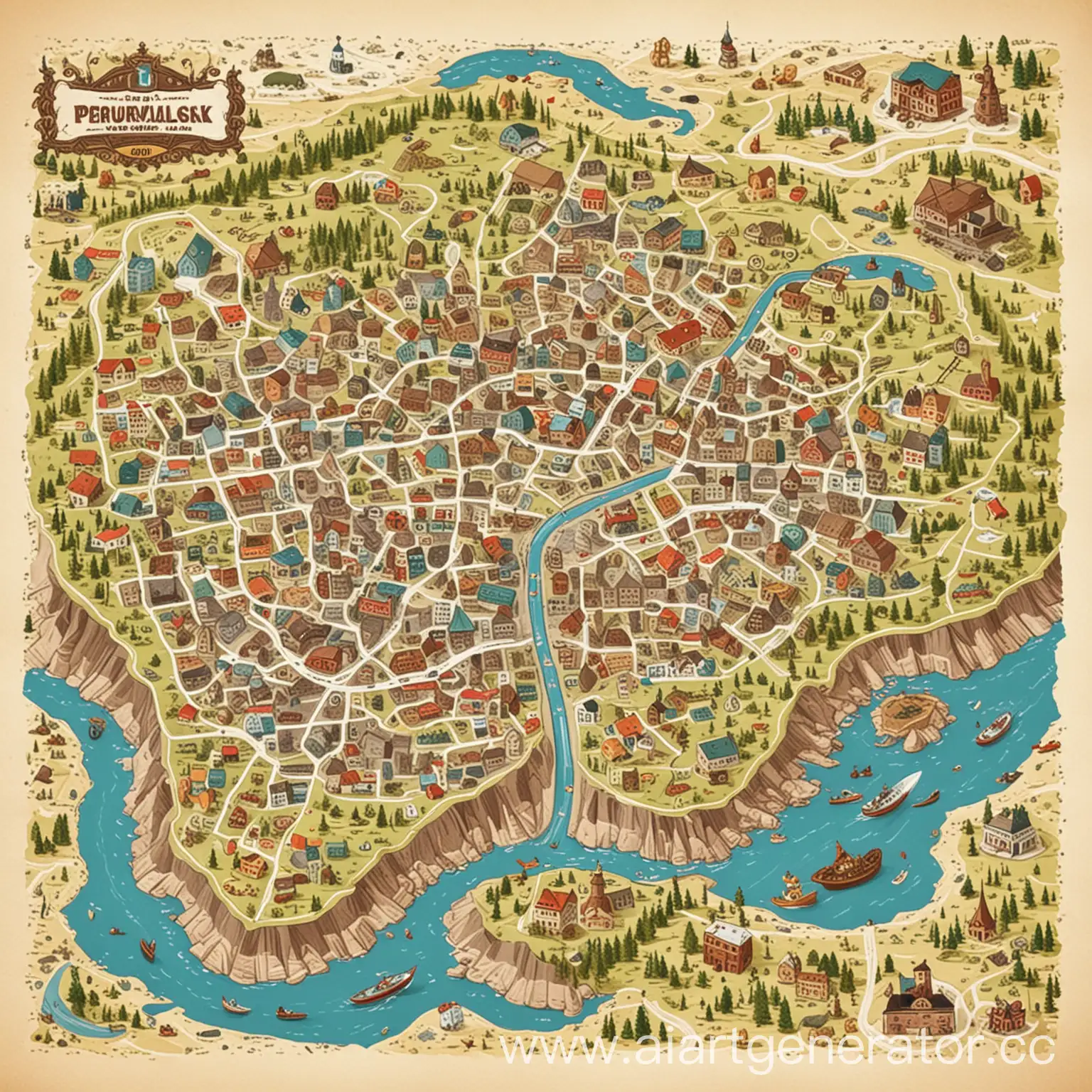 Cartoonish-Map-of-Pervouralsk-Whimsical-Representation-of-the-Citys-Layout