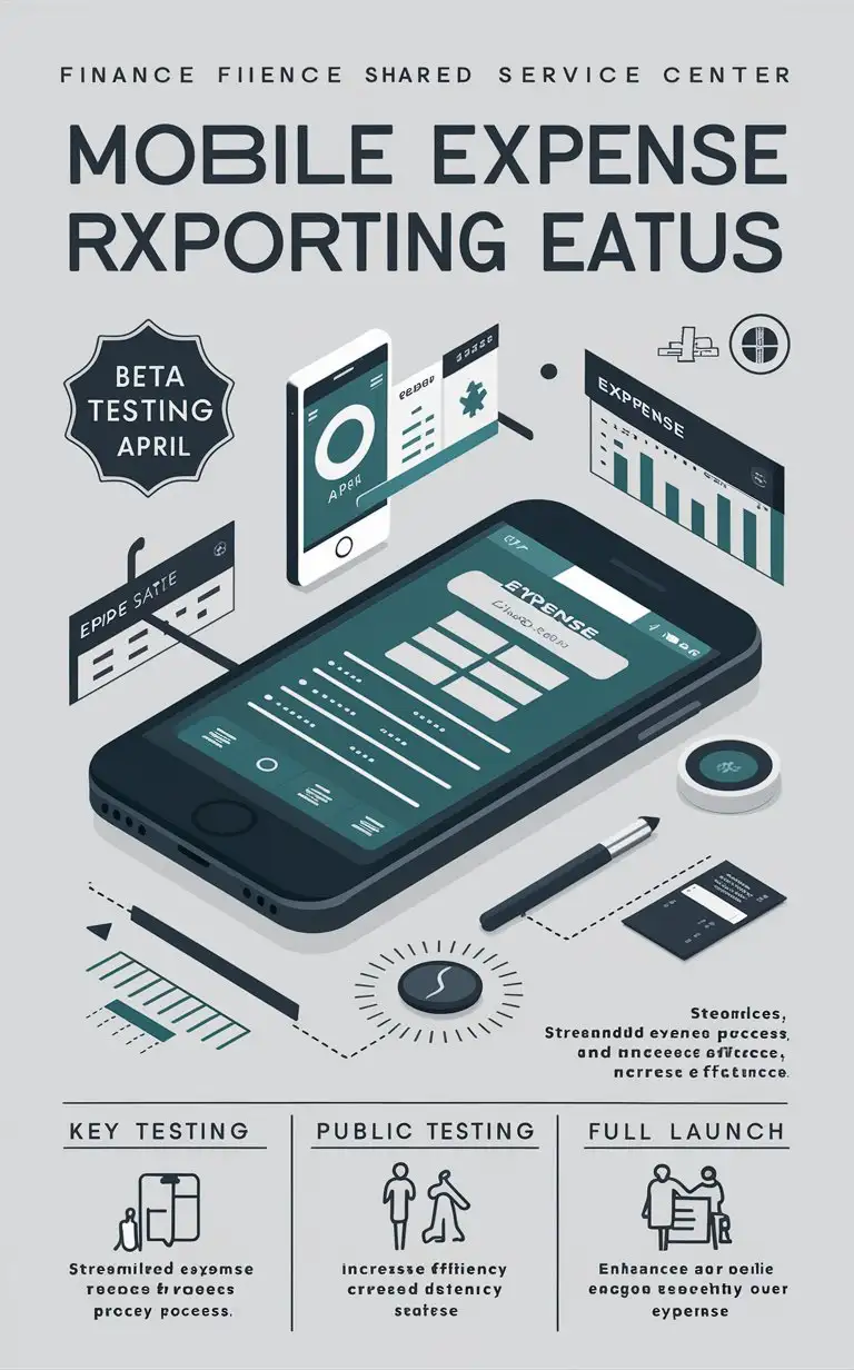 Finance Shared Service Center ; Mobile Expense Reporting Feature ;April Beta Testing ;May Public Testing ;June Launch ;Streamlined Expense Process ;Mobile Application ;User-Friendly Interface ;Convenient Operation ; Real-Time Expense Status ; Increased Efficiency ;Enhanced User Experience;Generate a poster