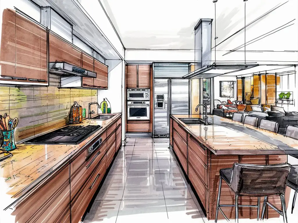 Modern-Kitchen-with-Granite-Countertops-and-Appliances-Color-Sketch