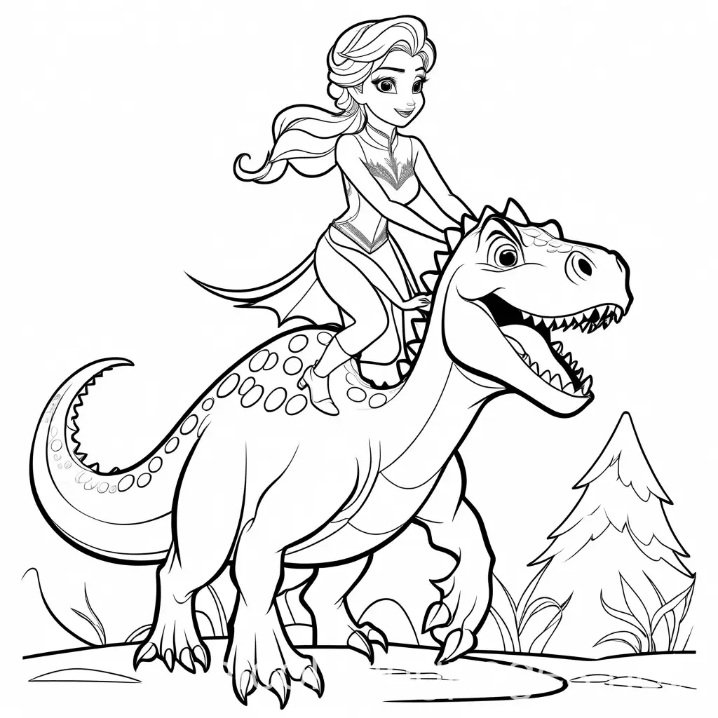 Elsa Frozen riding a dinosaur
, Coloring Page, black and white, line art, white background, Simplicity, Ample White Space. The background of the coloring page is plain white to make it easy for young children to color within the lines. The outlines of all the subjects are easy to distinguish, making it simple for kids to color without too much difficulty