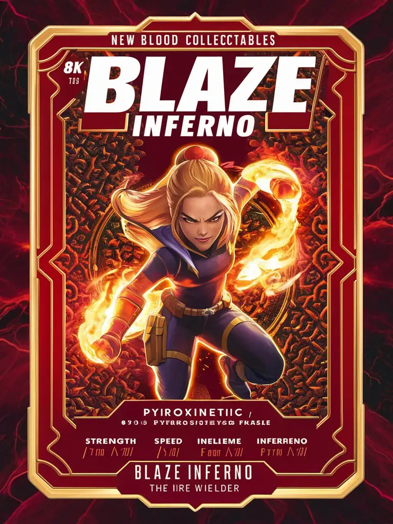 Title: bold "New Blood Collectables" card featuring "Blaze Inferno, the Fire Wielder" type "Pyrokinetic" in a detailed 8k background with fiery elements and detailed border with a smooth gloss finish.
Stats:
Strength: 7/10
Speed: 6/10
Intelligence: 8/10
Fear Factor: 8/10
Abilities:
Flame Control: Manipulates fire at will.
Inferno Blast: Unleashes a powerful blast of fire.
Heat Shield: Creates a shield of intense heat to deflect attacks.
Pyro Flight: Can fly by propelling herself with flames.
Description: 8k Blaze Inferno wields the power of 8k fire, using her abilities to incinerate her enemies and protect her allies.