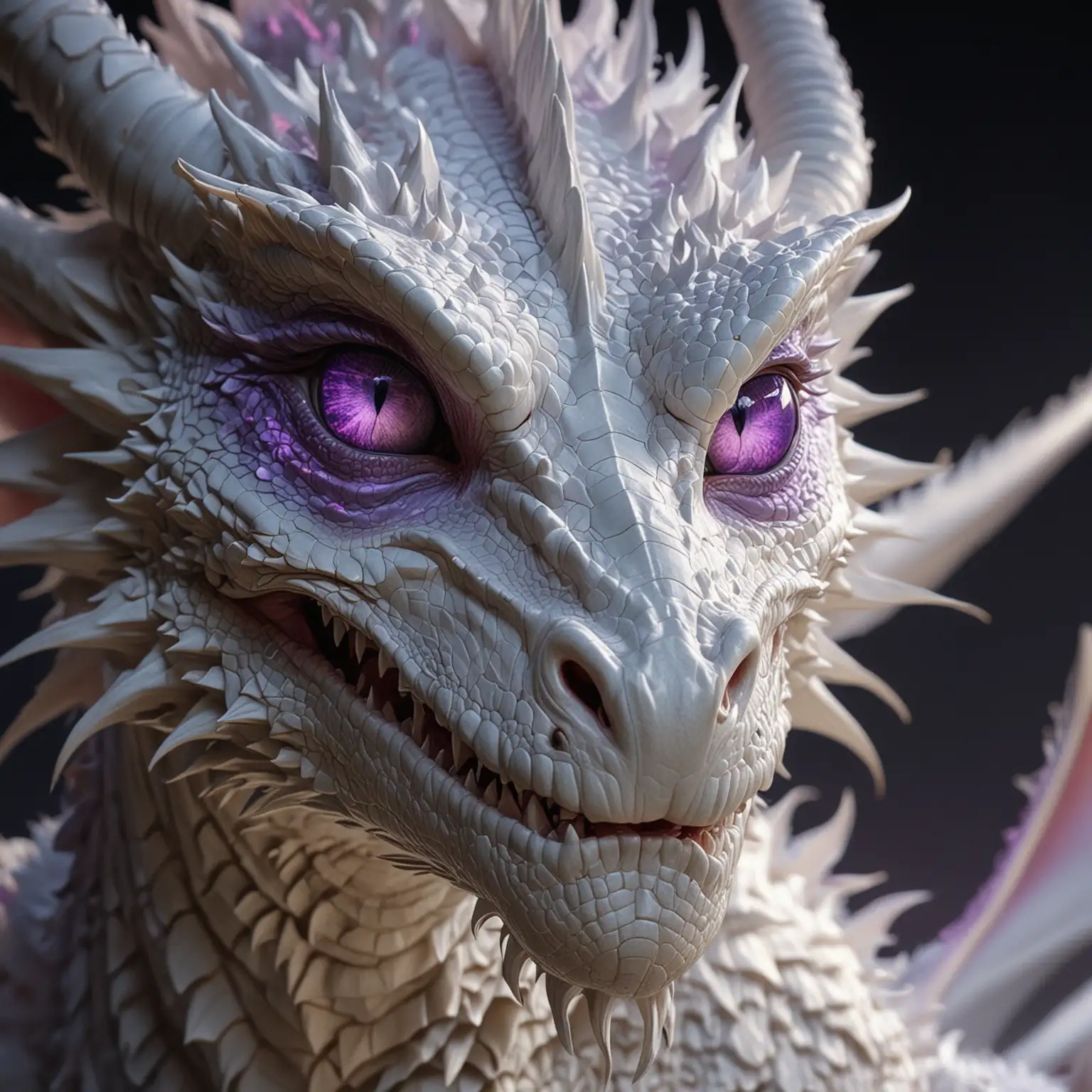 Hyperrealistic White Light Dragon Portrait with Purple Eyes