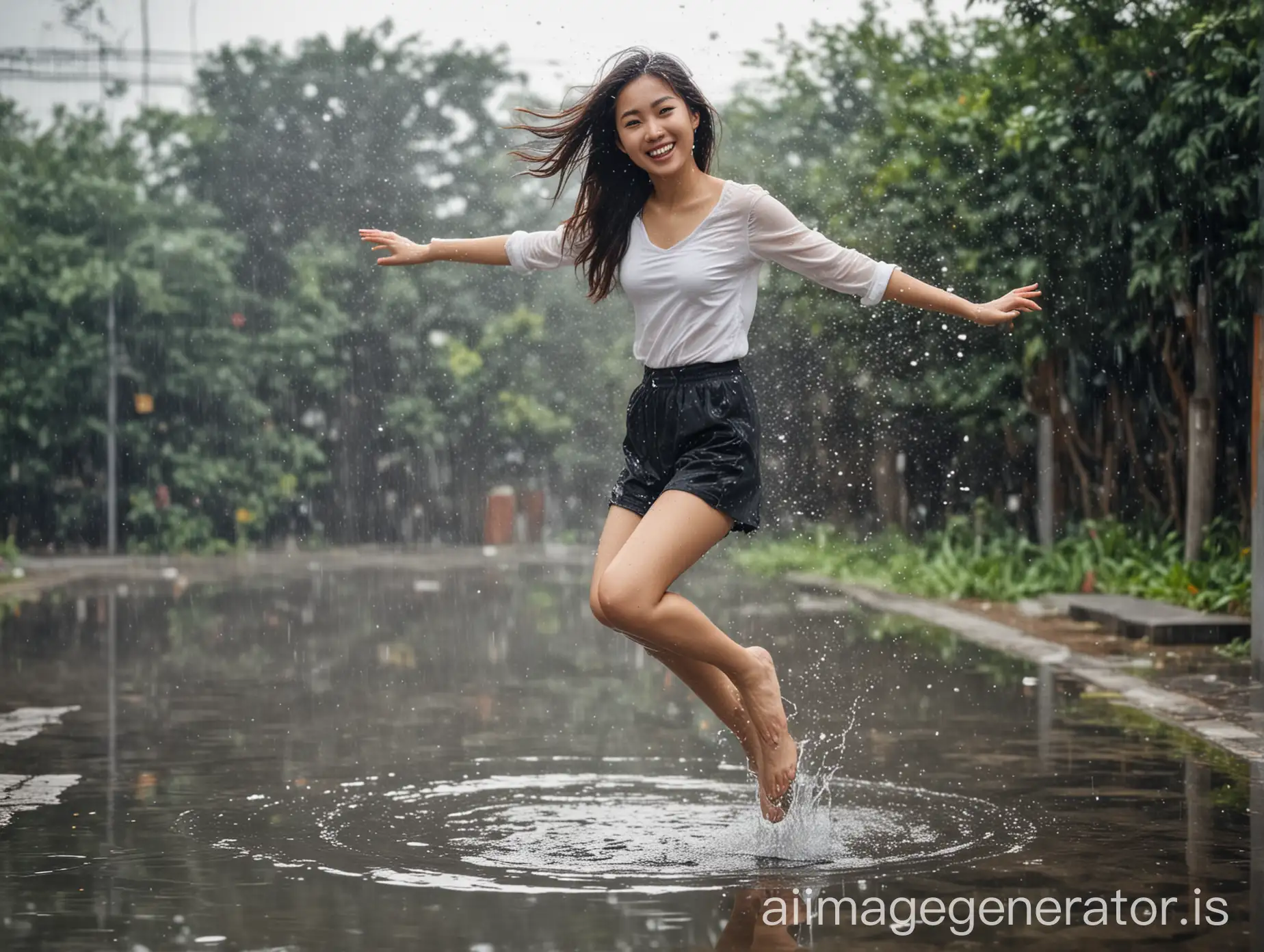beautiful young asian woman, smiling, jumping on reflective puddle, water splashing high