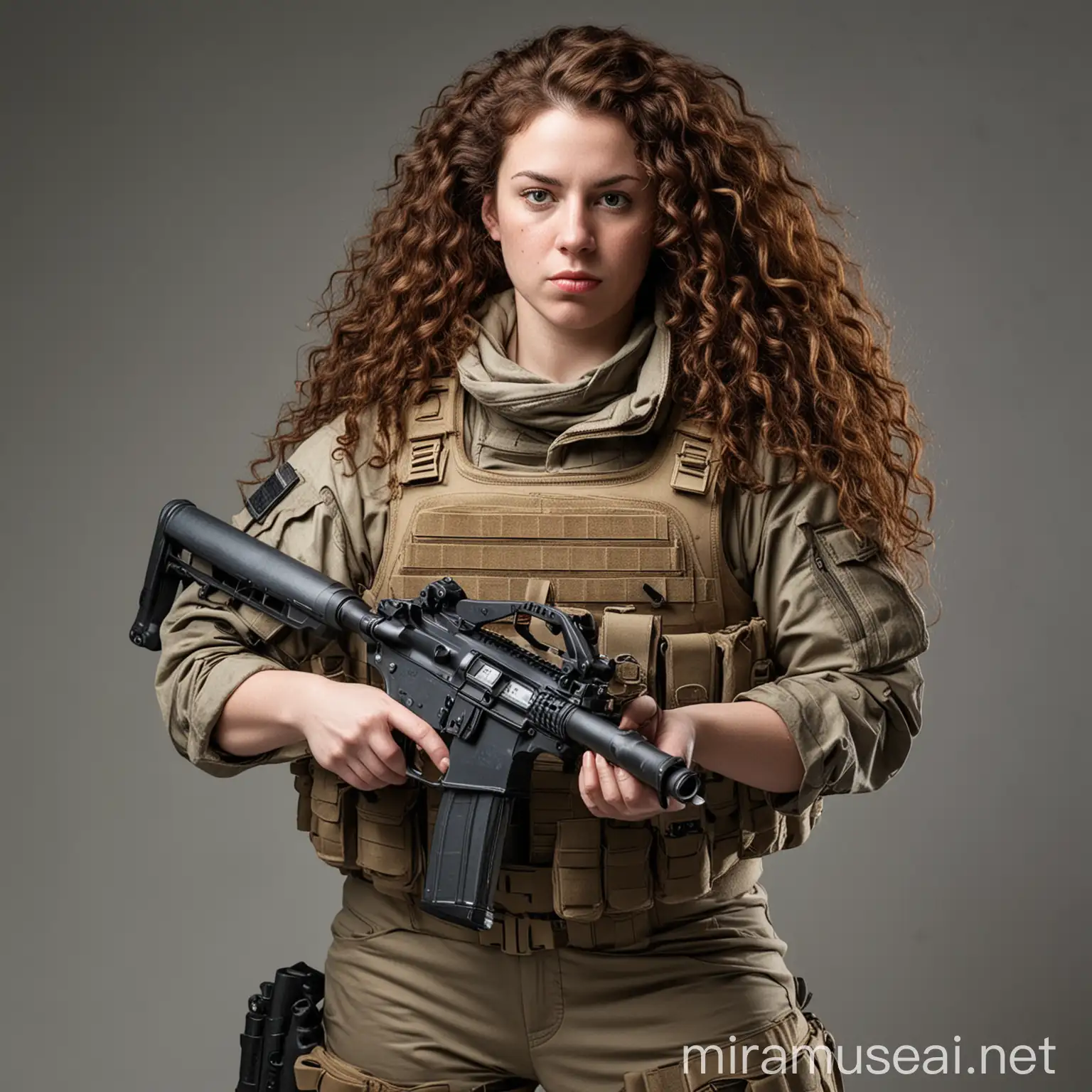 Curly Haired Woman in Tactical Gear with Assault Rifle