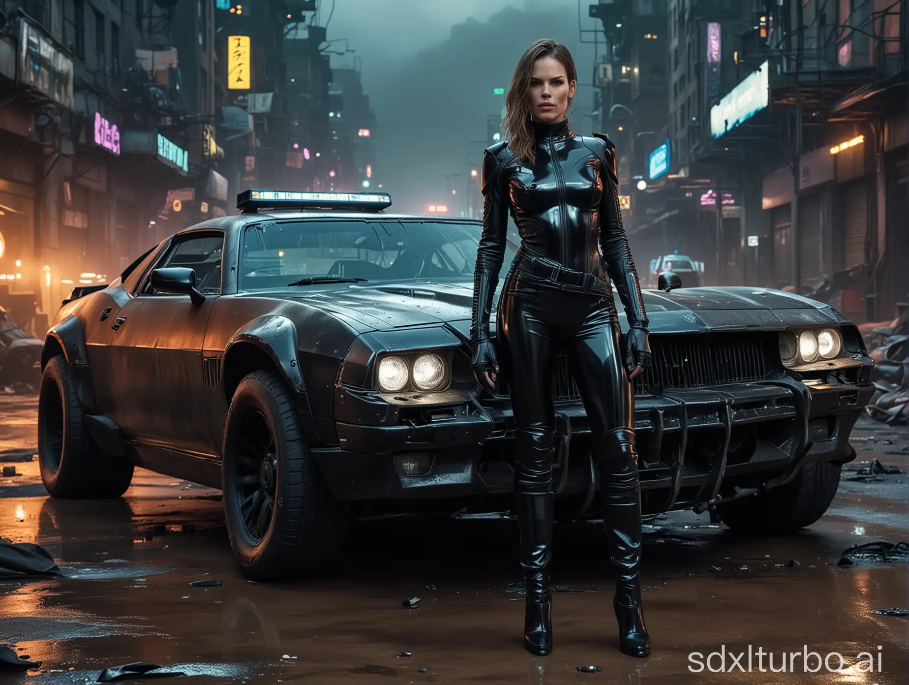 realistic hd photo , cyberpunk police Hilary Swank standing , wearing black low-cut shinny pvc catsuit , wearing long shiny pvc gloves , wearing shinny pvc thigh high boots , in destroyed cyberpunk city with mad max car , inlighted by neons