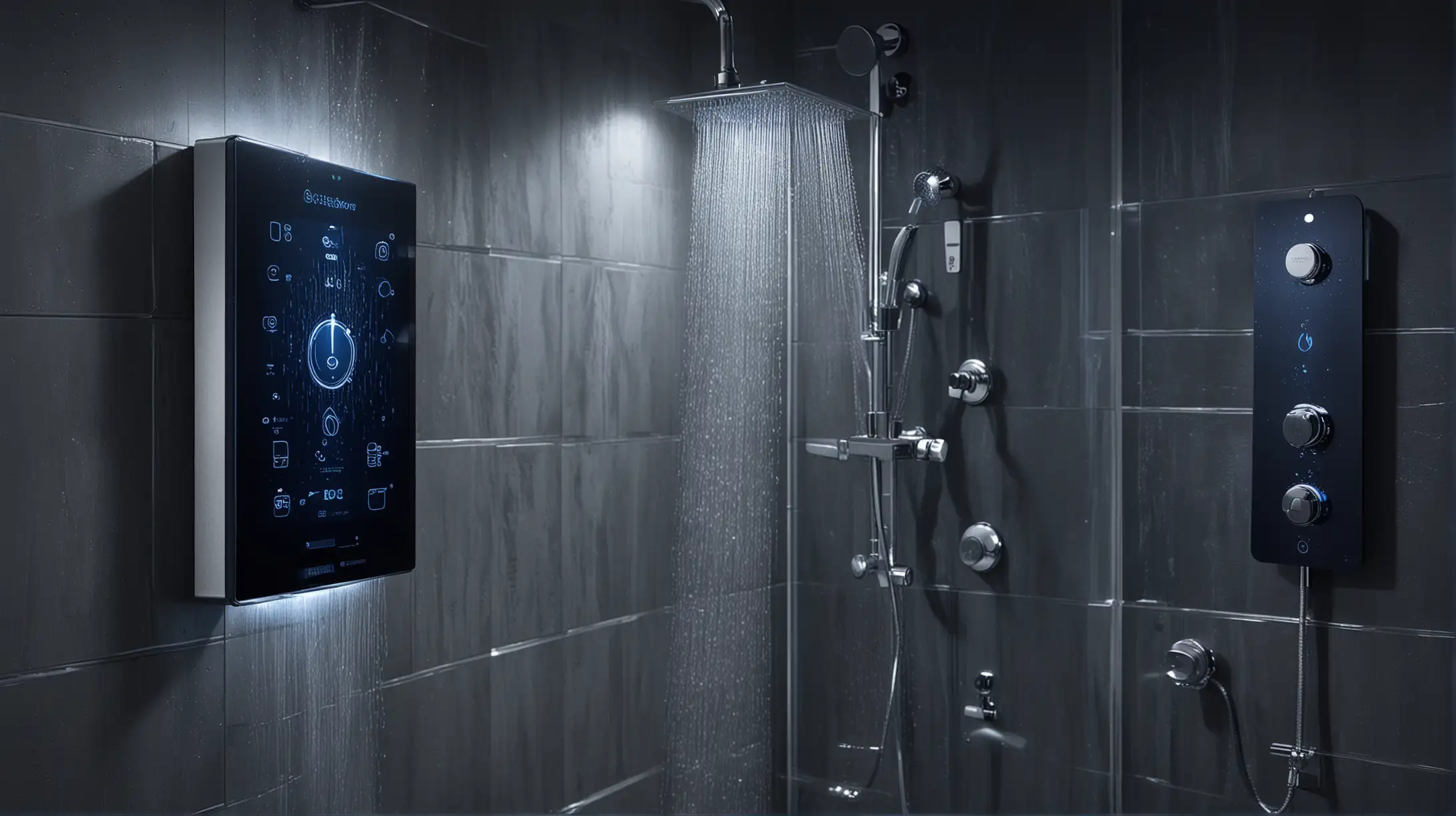 professional photo in dark blue theme. a private house showing sensors on two different showers. house owner has an app where he can control water sensors