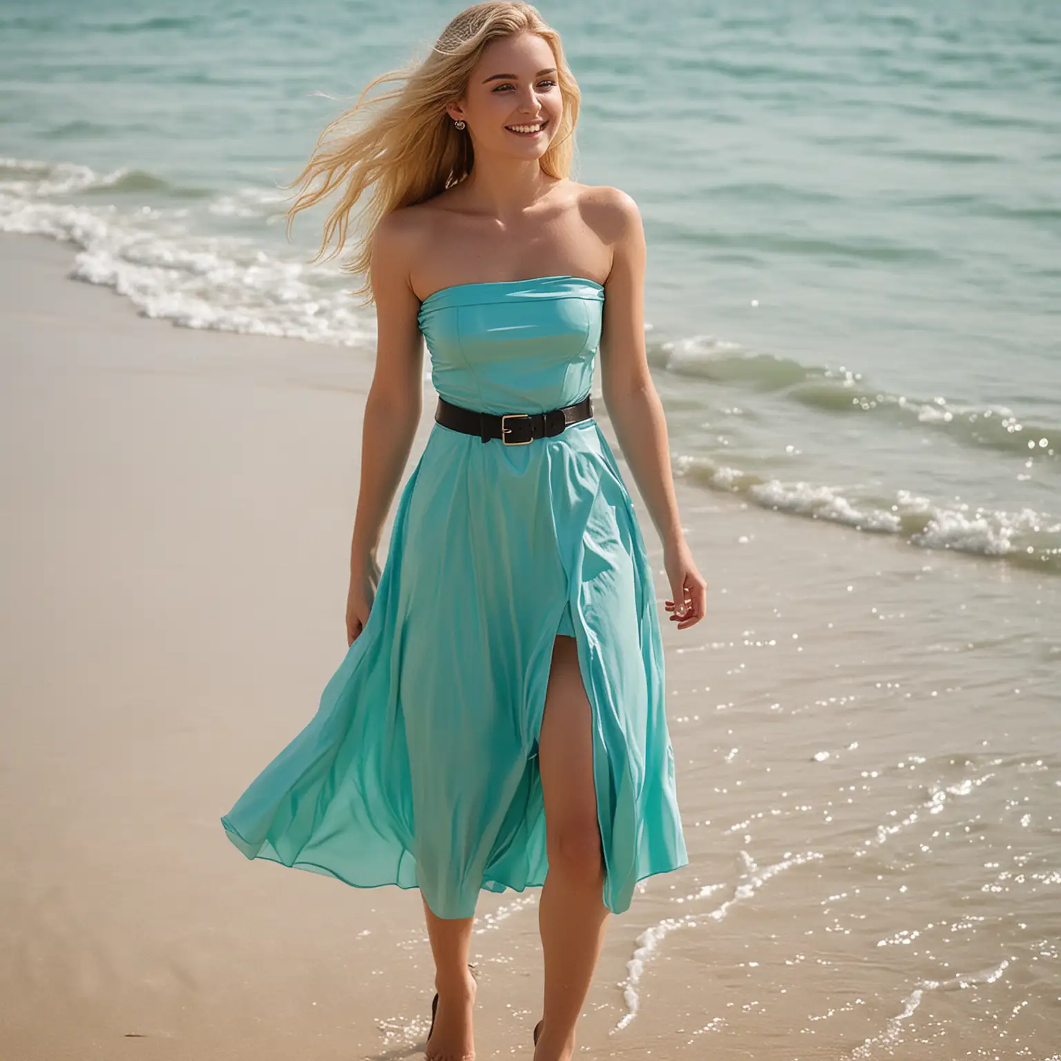 Turquoise Strapless Latex Summer Dress with Flared Skirt and Waist Belt