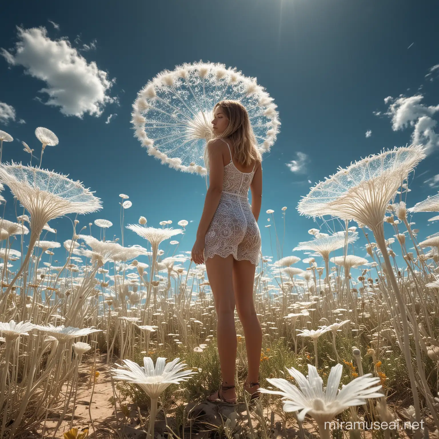 The sky is clear, a few clouds can be seen, A strong summer wind bends the plants of an alien landscape of enlarged Fractals, Diatoms and mostly distorted Radiolara, real look hand,longger  straight leg beauty woman, Add some discrete places in the foreground for people to add later, Show depth 