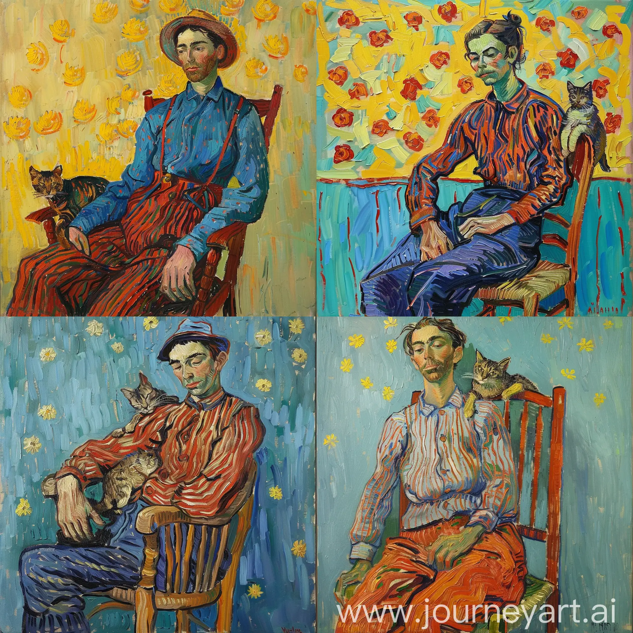 oil painting of man on a chair with a cat in van gogh style