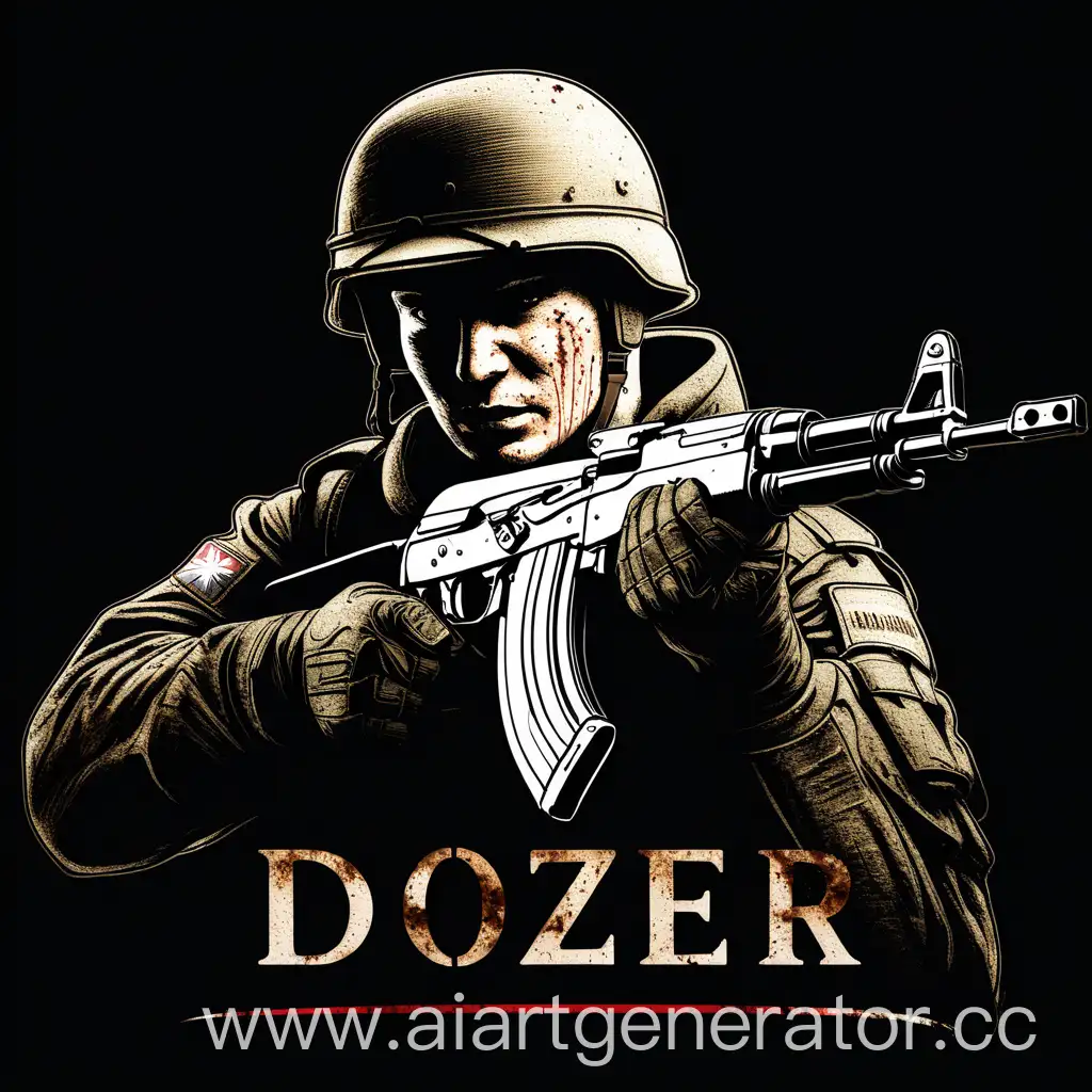 русский военый с ак-47, на черном фоне, с надписью DOZER, целющийся в бок, с коричневой щетиной и шрамами, ночь