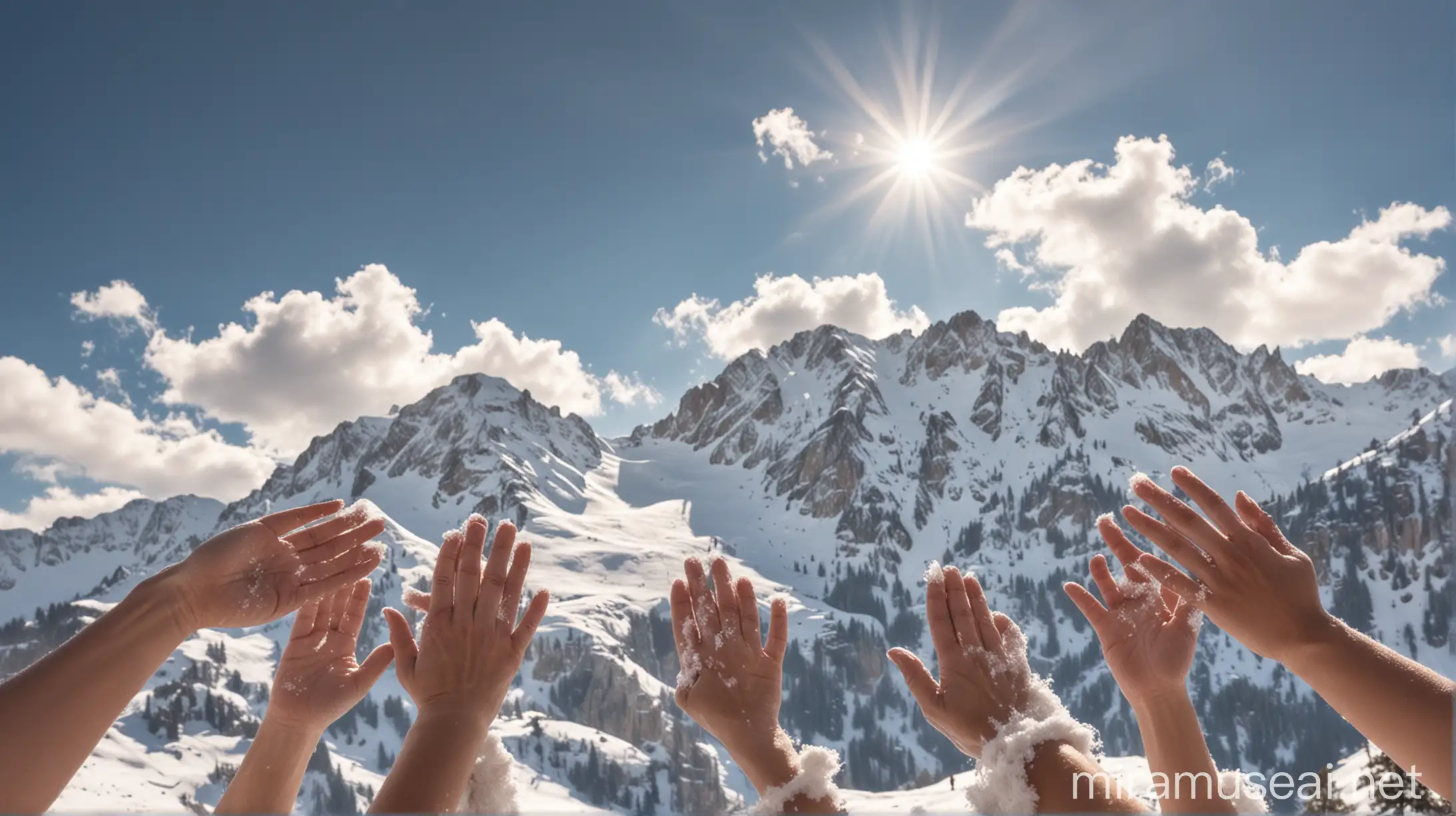 The background of the image is high mountains covered with white snow, a blue sky with small clouds passing by and sunlight shining on the mountain tops. This scene is blurred.

In front are 5 hands holding each other tightly towards the sky, each hand is a different skin color