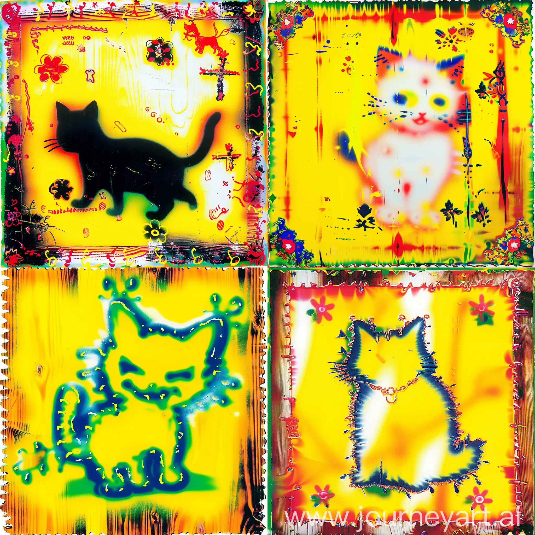 cat stencil, a simple silhouette, along the edges - patterns of flowers in the style of Russian splint, khokhloma, handkerchief paintings, traditional trails, wood painting, neon green, negative promt yellow color, soft decorative painting, wood texture, --v 6.0 --s 50 --style raw --sref https://i.postimg.cc/6qKHCXKy/a5c97598380eb92df84f99c69b446d49.jpg